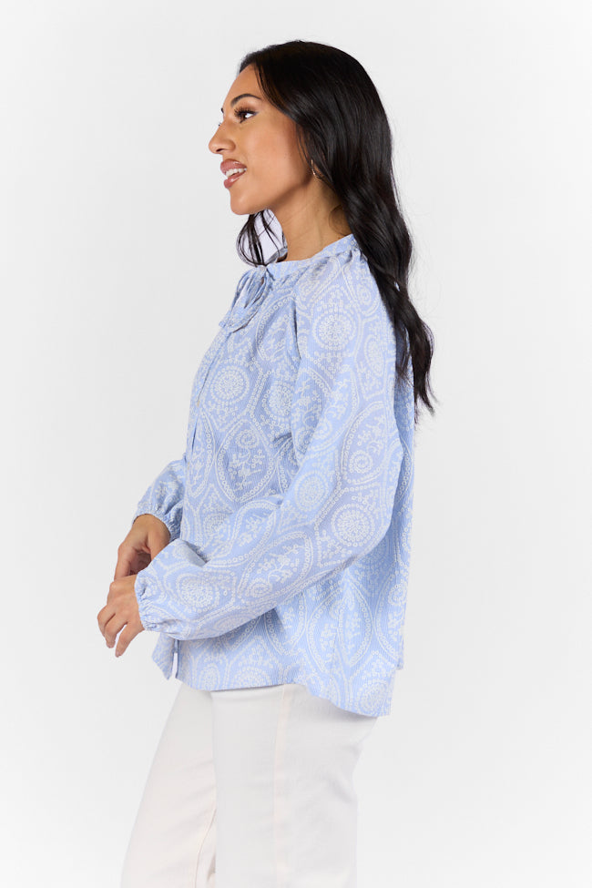 Downtown Delight Blue Embroidered Woven Button Down Blouse for Women | Casual Office Wear & Spring Outfits | Trendy Embellished Top for Work & Date Nights