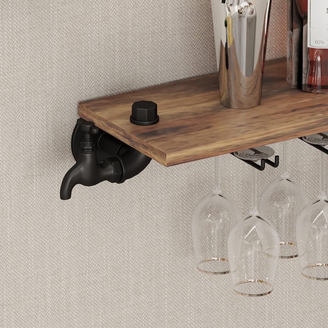 Industrial Pipe Wall Bar Shelves with 4-Tier Rustic Floating Wine Rack & 4 Stem Glass Holders - 42