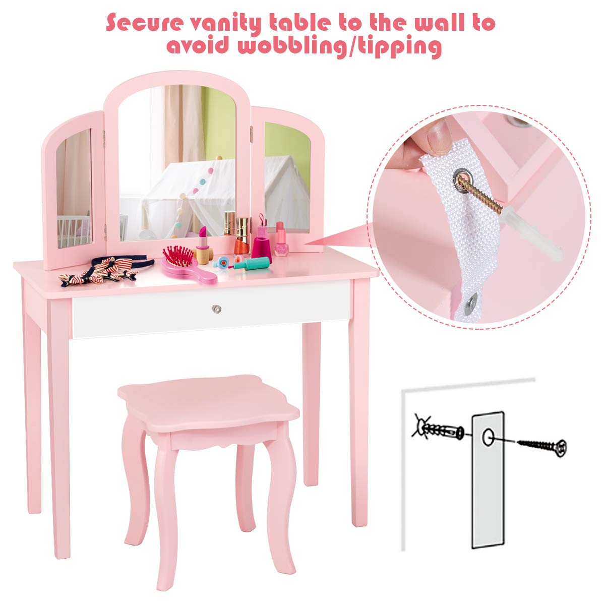 HONEY JOY Kids Vanity Set - Wooden Princess Pretend Play Dressing Table with Stool, Tri-Fold Mirror & Drawer for Little Girls (Pink) | Perfect for Birthday Gifts, Room Decor & Pretend Play for Toddlers Ages 3-8