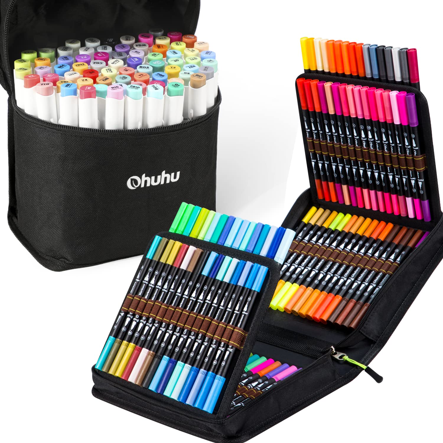 Ohuhu 100-Color Dual Tip Brush & Fine Marker Set + 72 Unique Alcohol-Based Markers with Chisel & Brush Tips - Perfect for Adult Coloring Books, Sketching, Bullet Journaling & Professional Art Projects
