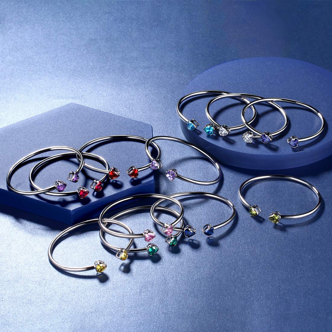 Birthstone Double Heart Adjustable Bracelet - Silver Plated Open Bangle with Personalized Birth Stones | Meaningful Birthday Gift for Women & Girls | Perfect for Anniversaries, Mother's Day & Special Occasions