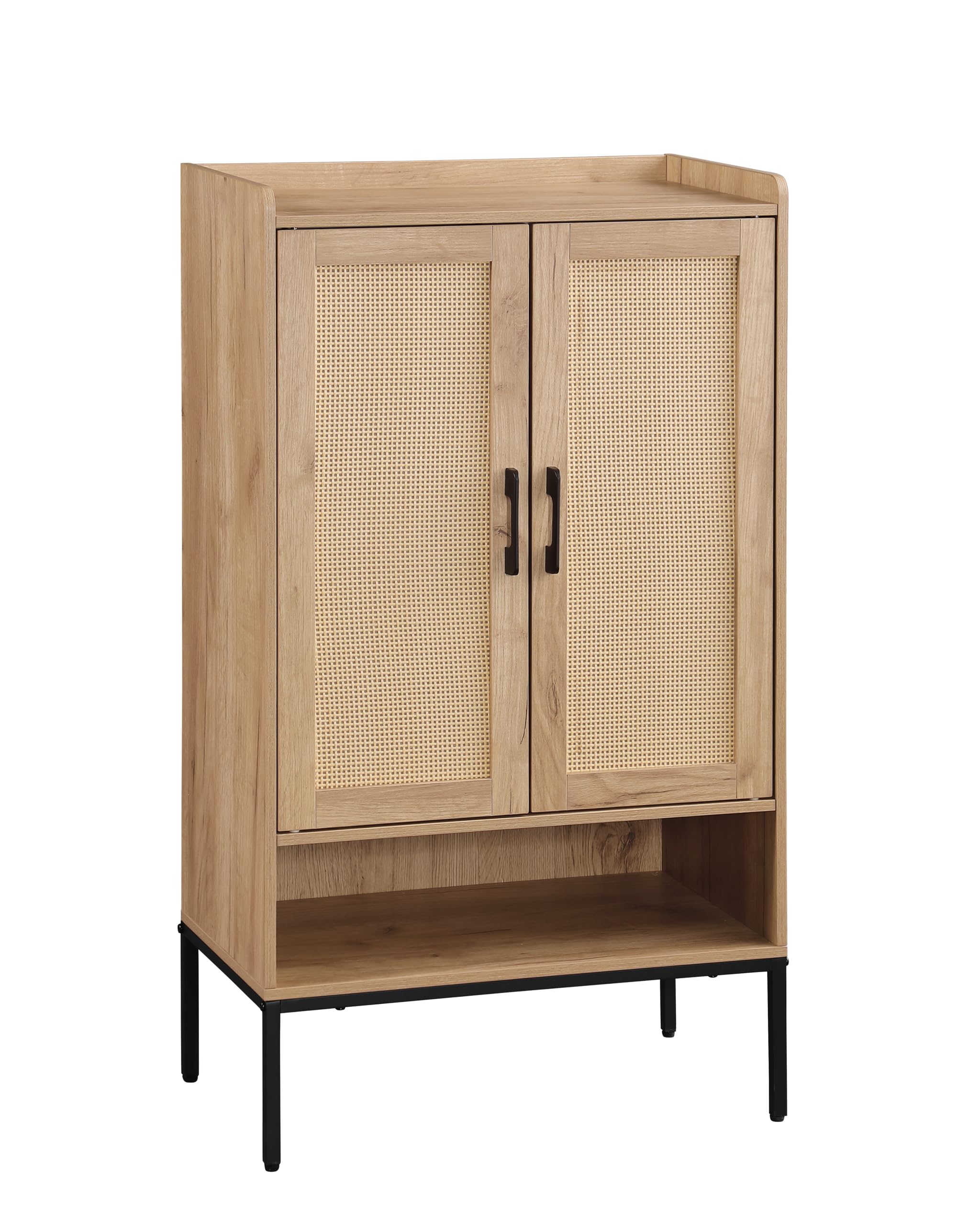 5-Tier Wooden Shoe Storage Cabinet with Rattan Doors & Open Shelves - Entryway Hallway Closet Bedroom Organizer - Natural Finish for Home Decor & Space Saving Solution