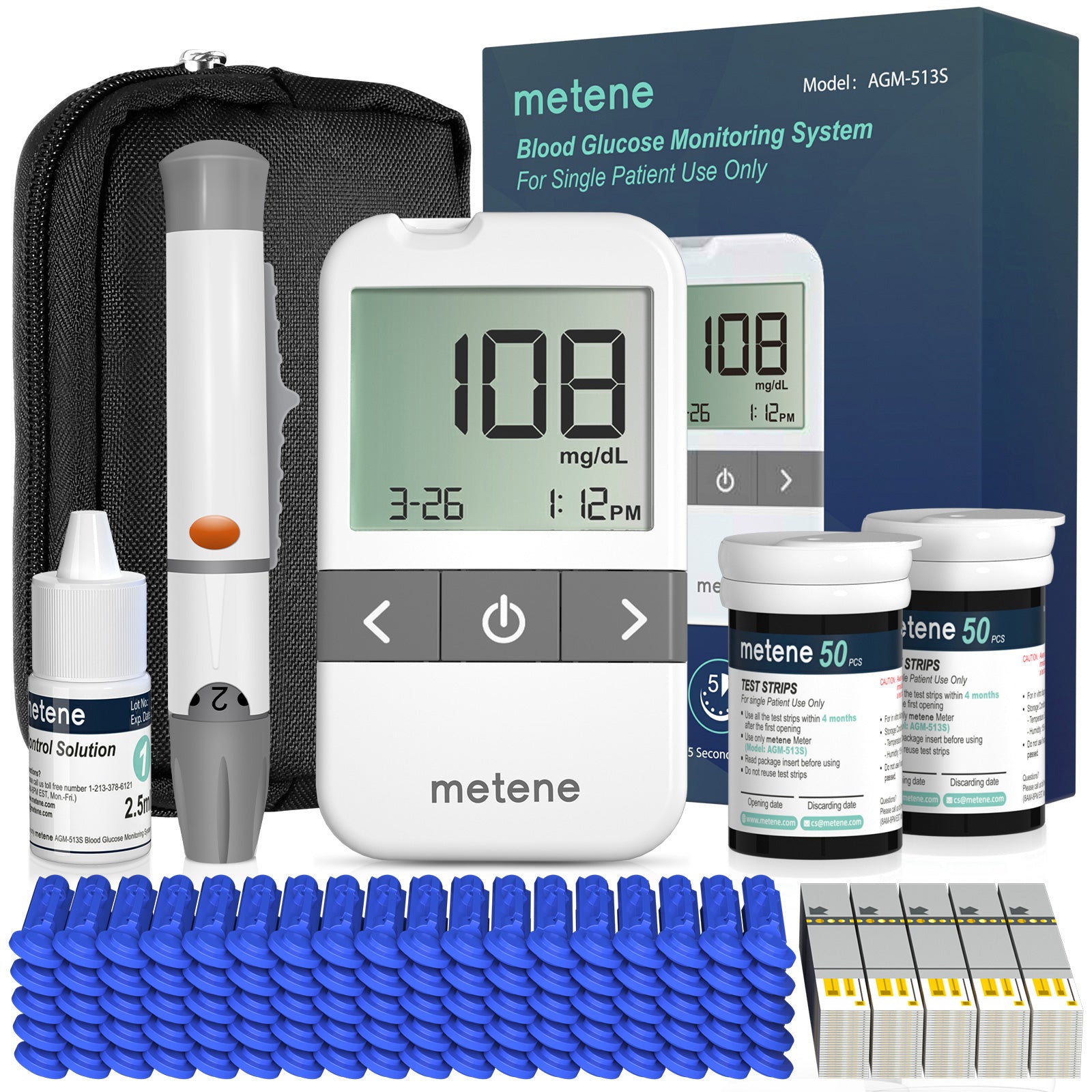 Metene AGM 513S Blood Glucose Monitor Kit - 100 Test Strips, 100 Lancets, Lancing Device, Control Solution & Travel Case - No Coding Required - Ideal for Diabetes Management at Home & On-The-Go