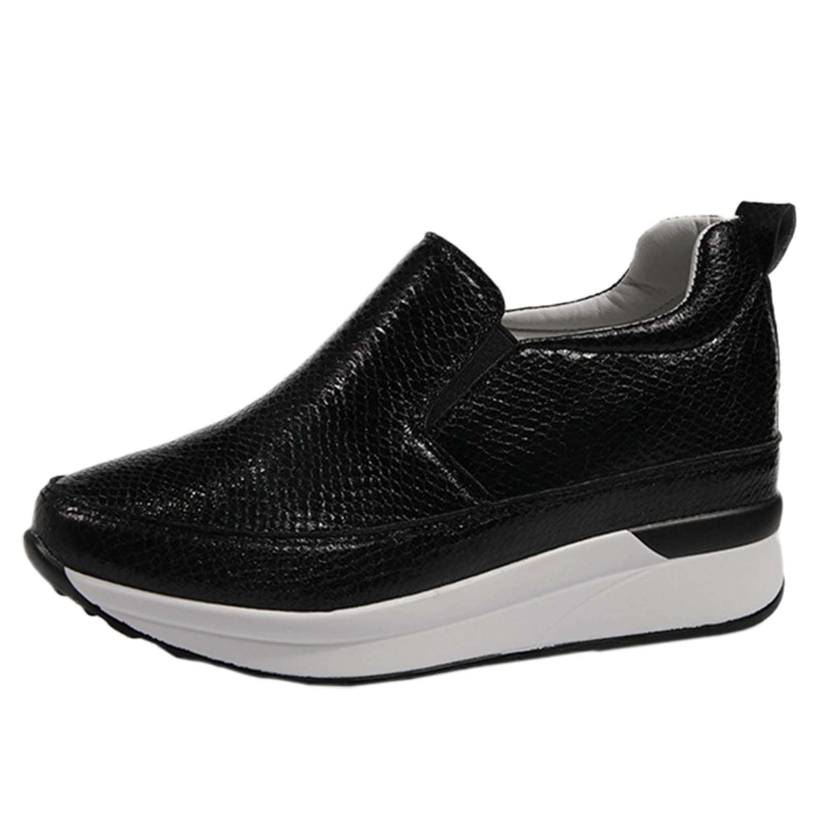 Women's Black Solid Color Leather Round Toe Thick Sole Casual Shoes - Comfortable & Stylish for Everyday Wear, Office, and Walking