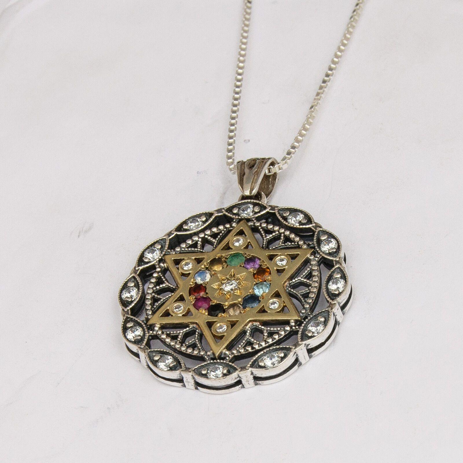 Round Kabbalah Pendant - Magen David Star with CZ Crystals in Sterling Silver & 9K Gold - Perfect for Spiritual Jewelry & Jewish Gifts