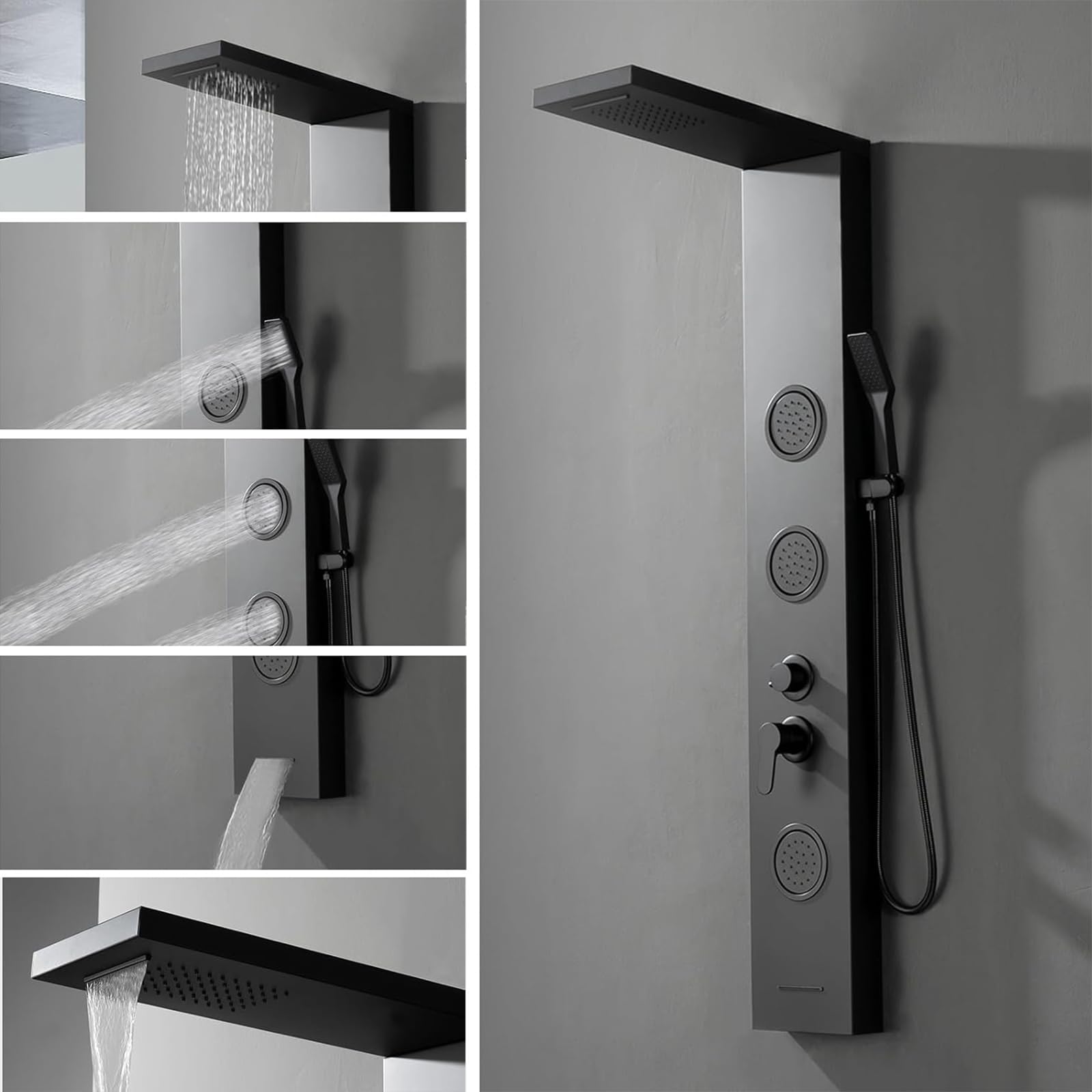 BWE 5-in-1 Stainless Steel Shower Panel System - Black Tower with Rainfall Shower Head, Waterfall Spray, Body Jets & Bathtub Spout | Luxury Bathroom Upgrade for Spa-Like Experience