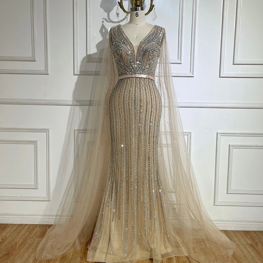 Luxury Dubai Pink Cape Sleeves Beaded Evening Dress for Women - Elegant Wedding Party Gown LA72864 | Perfect for Red Carpet Events, Galas & Formal Occasions