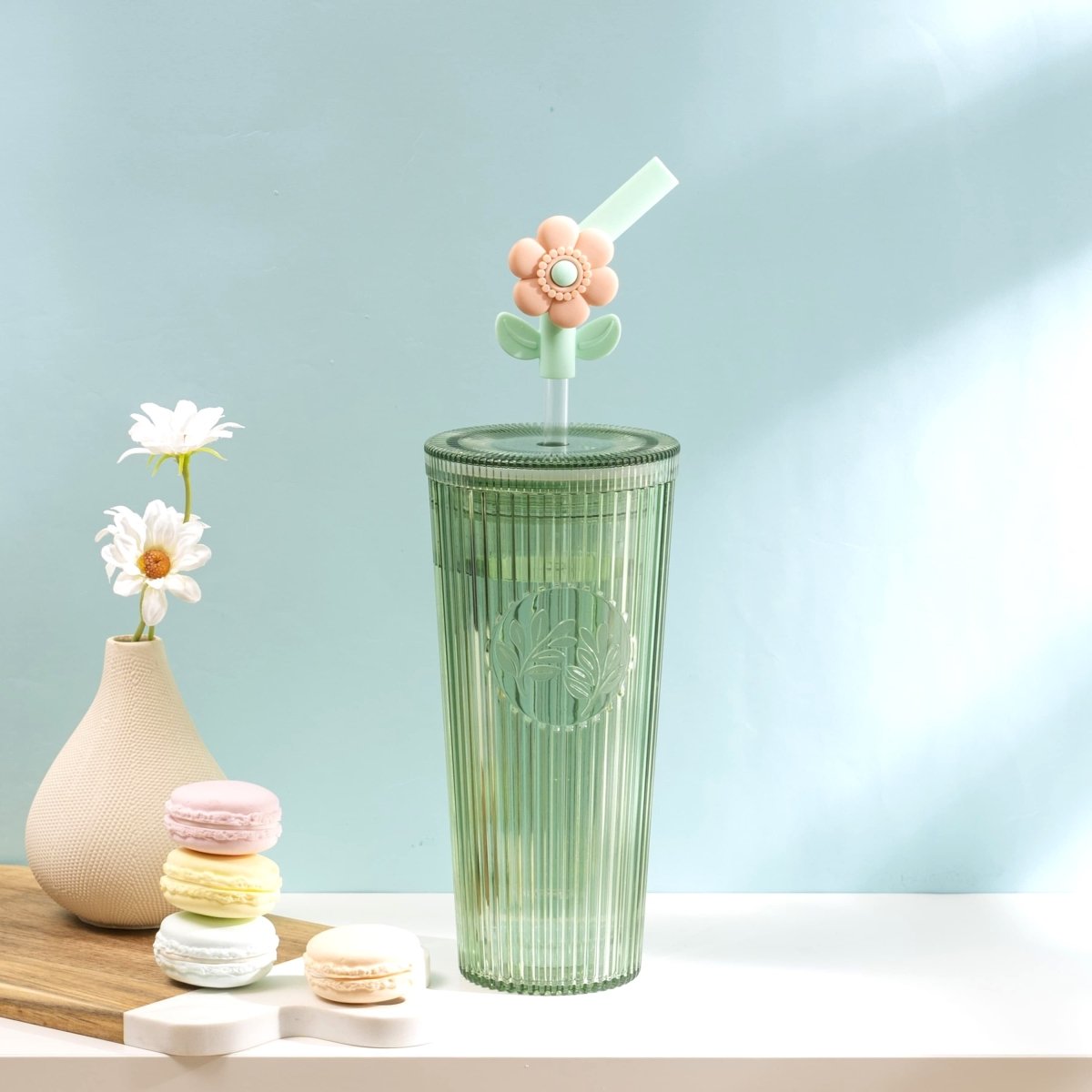 26oz Insulated Tumbler with Straw & Leak-Proof Lid - Cute Floral Silicone Straw Tips in Botanica Green - Perfect for Iced Coffee, Smoothies & Outdoor Activities