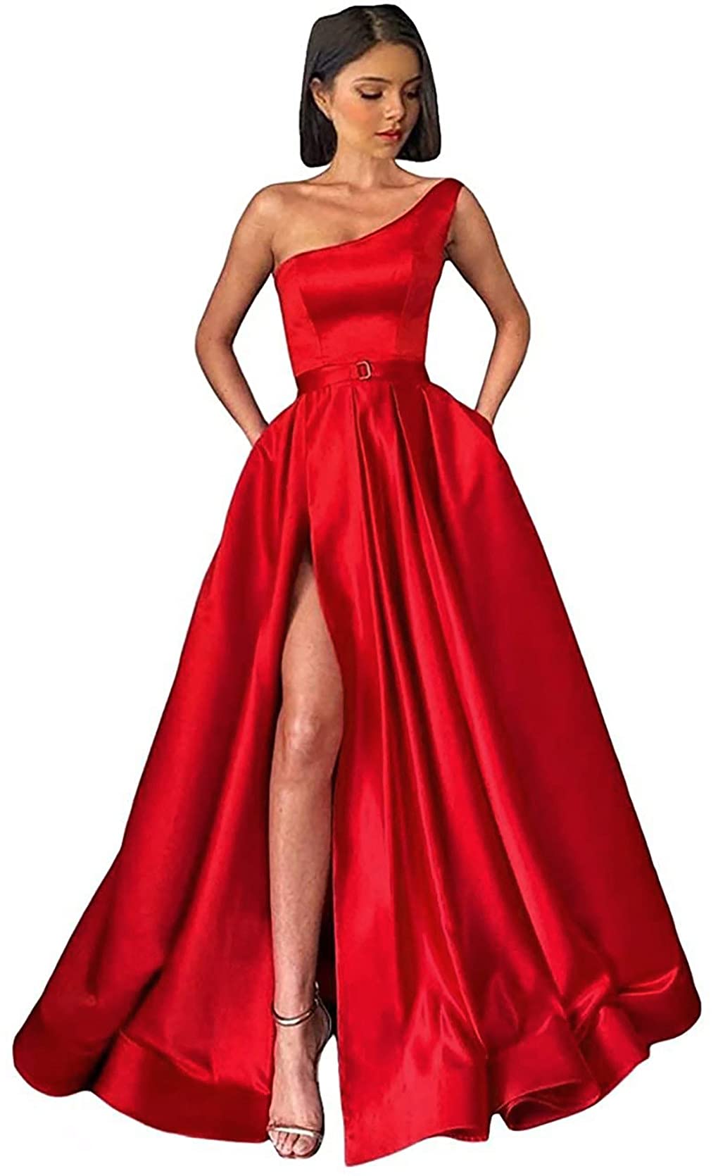 ANGELWARDROBE Women's Long One Shoulder Prom Dress - A-Line Formal Evening Gown with Slit Pockets | Satin Party Dress for Homecoming, Wedding Guest & Special Occasions
