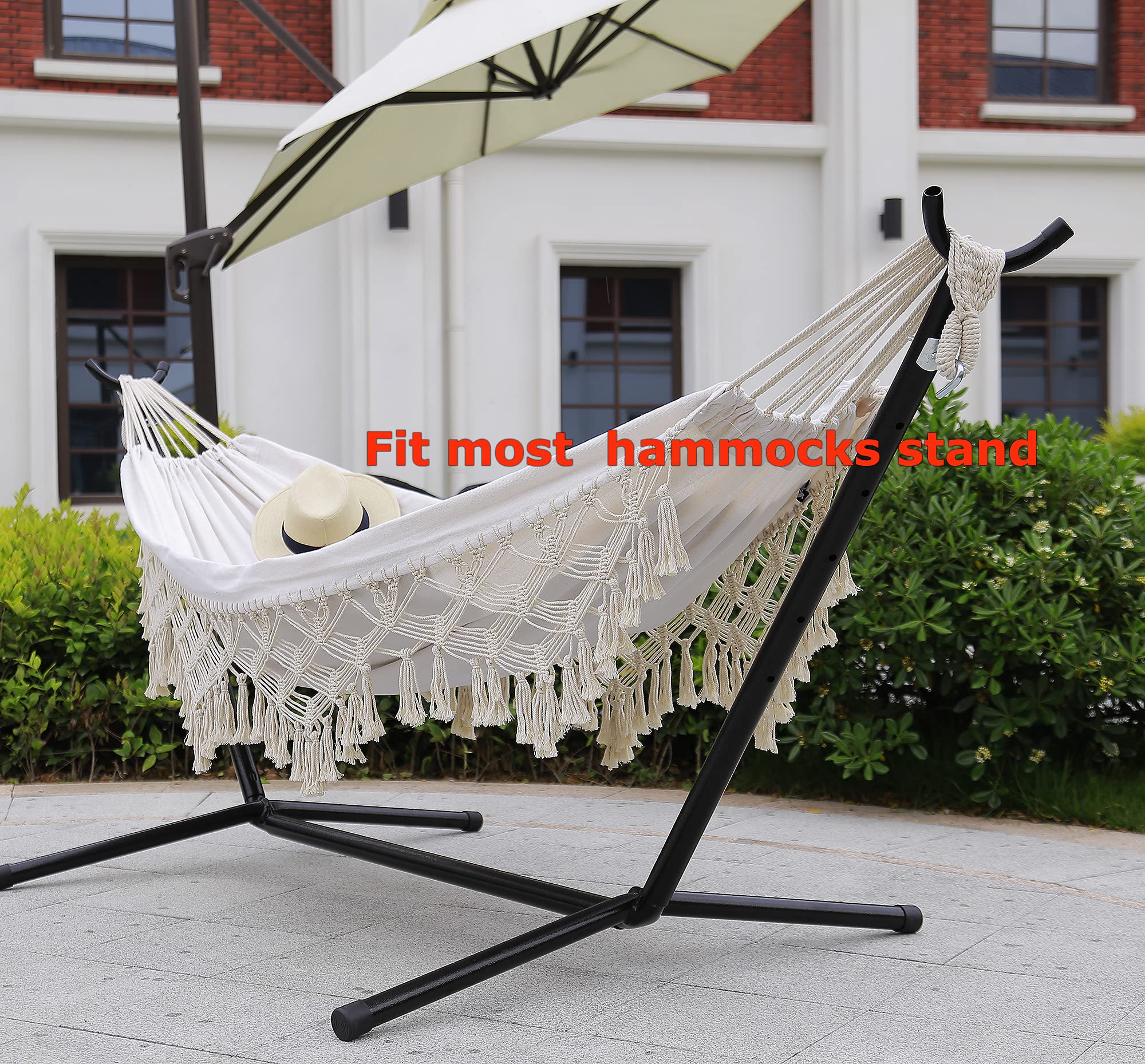 Boho Double Hammock for 2 Persons - 500lbs Capacity Macrame Fringe Cotton Rope Swing with Tassels & Travel Bag - Indoor Outdoor Hanging Chair for Bedroom, Porch, Garden, Patio, Backyard & Camping (White)