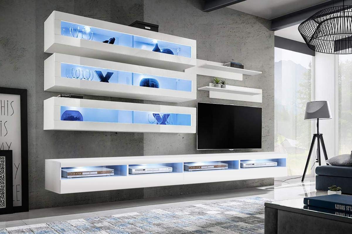 Modern White Wall-Mounted TV Stand with Storage Shelves & LED Lights - J2 35