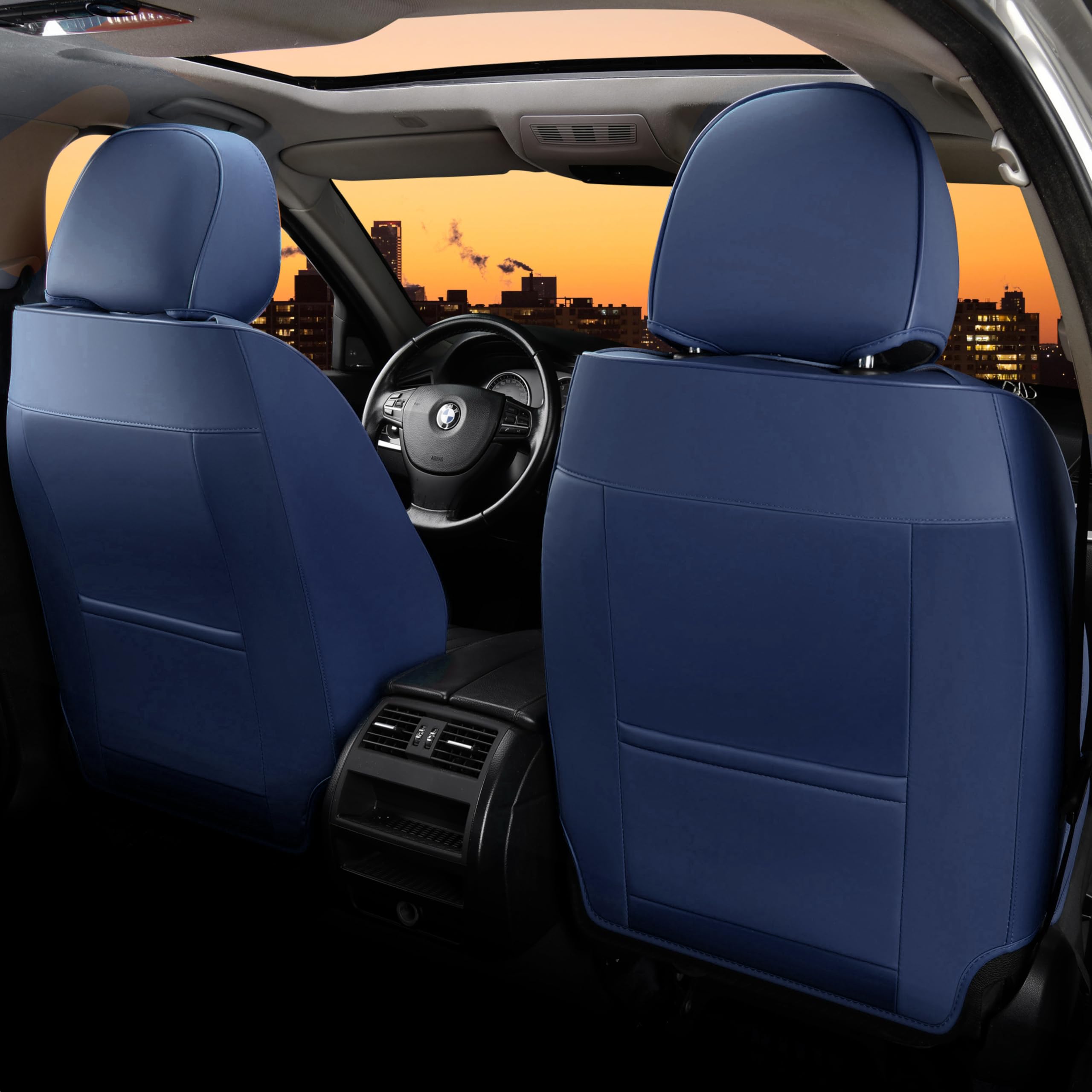 Premium FLORICH Front Seat Covers - 2-Piece Waterproof Leatherette Car Seat Protectors (Black & Blue) for Sedan, SUV & Pickup Trucks | Luxury Comfort & Vehicle Interior Protection for Daily Commute, Road Trips & Family Travel