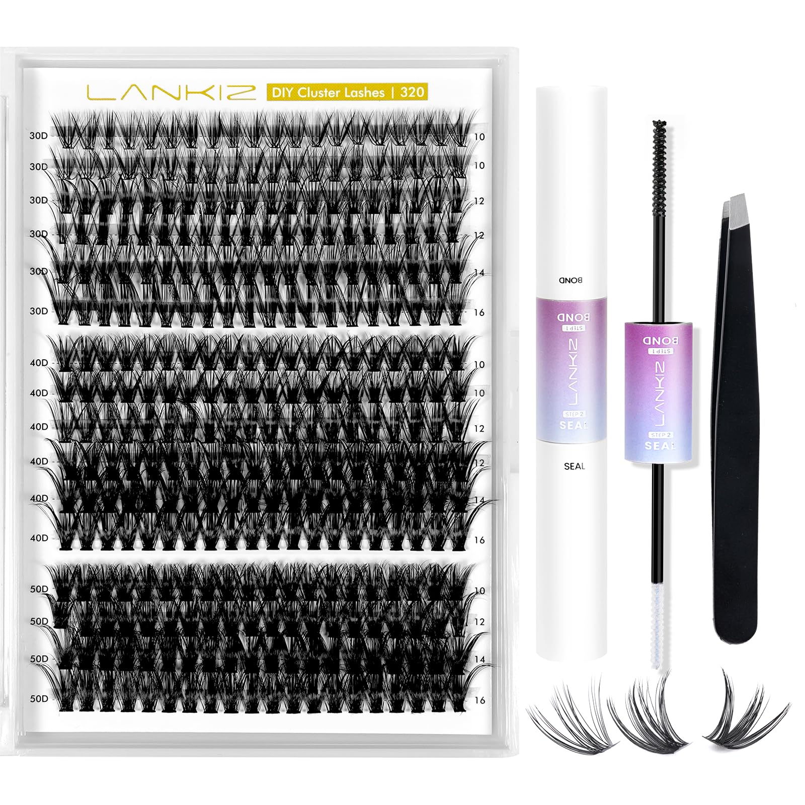 LANKIZ Professional Eyelash Extension Kit - 320pcs Mixed 30D/40D/50D Cluster Lashes with Bond & Seal Glue - DIY Individual False Lashes Kit for Beginners - Perfect for Home Salon, Party Makeup & Special Occasions