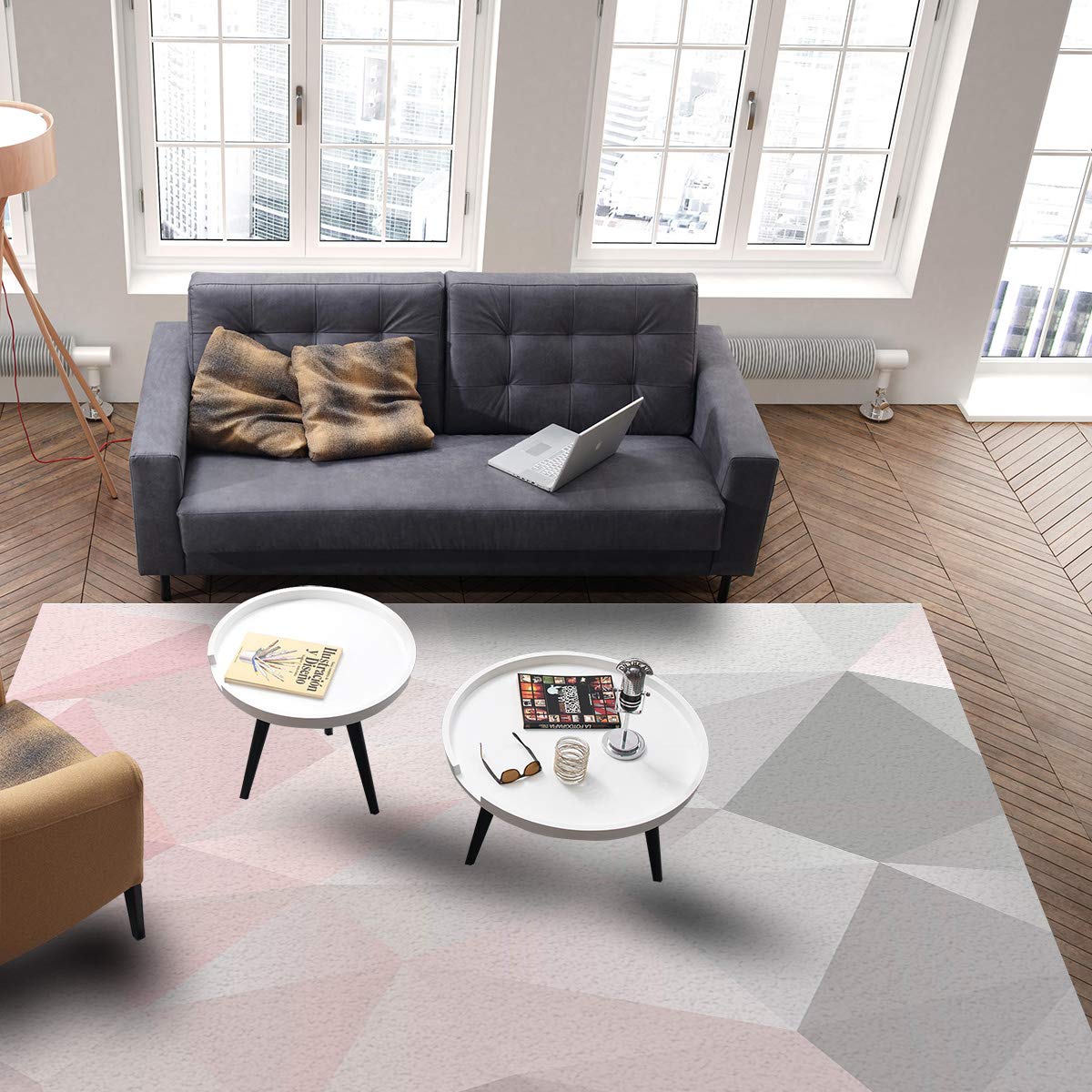 3' x 5' Geometric Pink and Grey Ombre Triangle Area Rug - Modern Nursery Carpet for Kids, Soft Throw Rug for Bedroom, Living Room & Kitchen - Non-Slip Floor Mat for Home Decor, Playroom & Dorm Room