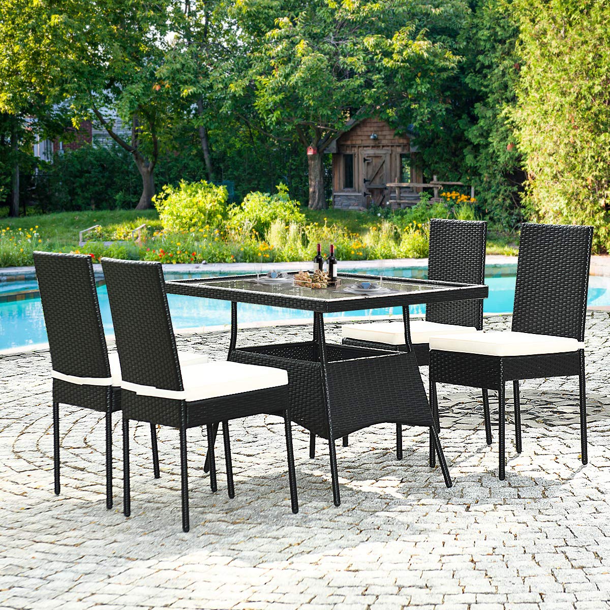 HAPPYGRILL 5-Piece Outdoor Patio Dining Set - Rattan Wicker Table & Chairs with Cushions & Tempered Glass Top - Garden, Poolside & Backyard Furniture for Relaxing & Entertaining