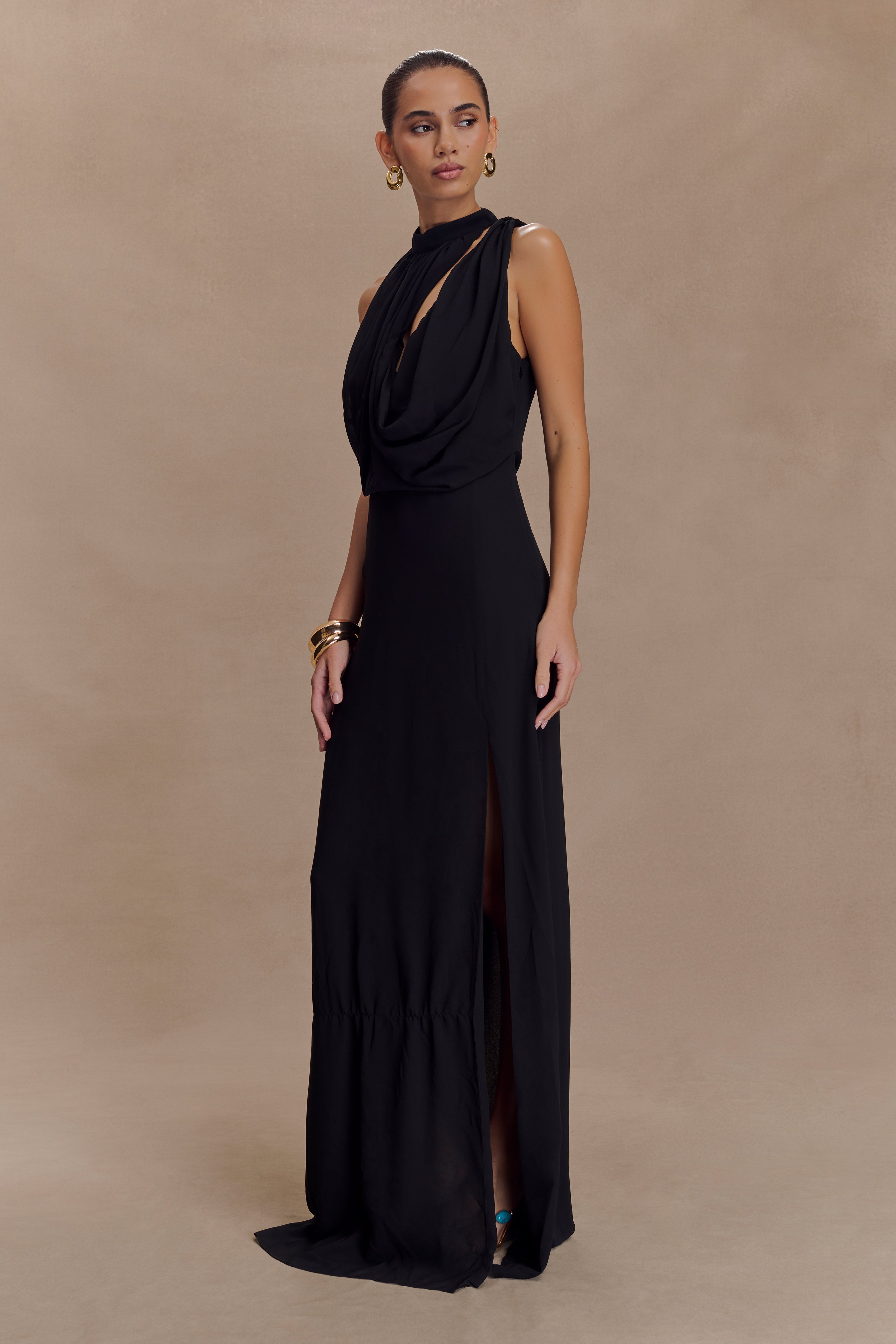 Elegant Galia Cowl Neck Maxi Dress in Black - Perfect for Evening Parties, Weddings & Special Occasions