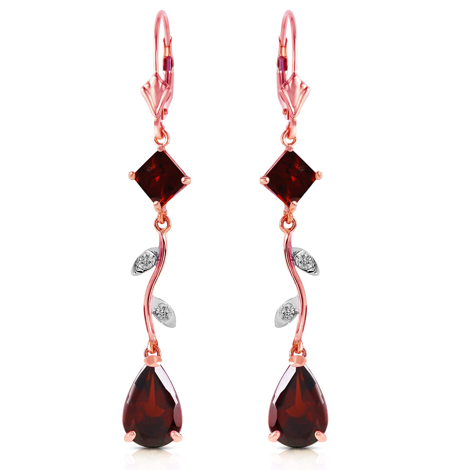 14K Rose Gold Chandelier Earrings with Diamonds & Garnets - Elegant Dangling Earrings for Women, Perfect for Weddings, Parties & Special Occasions