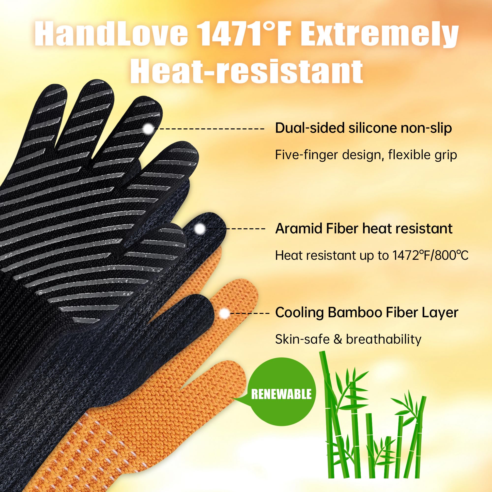 Heat Resistant BBQ Gloves 1472°F - Professional Grilling & Oven Gloves for Cooking, Baking & Outdoor BBQ - Silicone Grip with Aramid Bamboo Lining - Easy Removal Cuff (Black, Size S) - Perfect for Grilling, Baking, Camping & Kitchen Safety