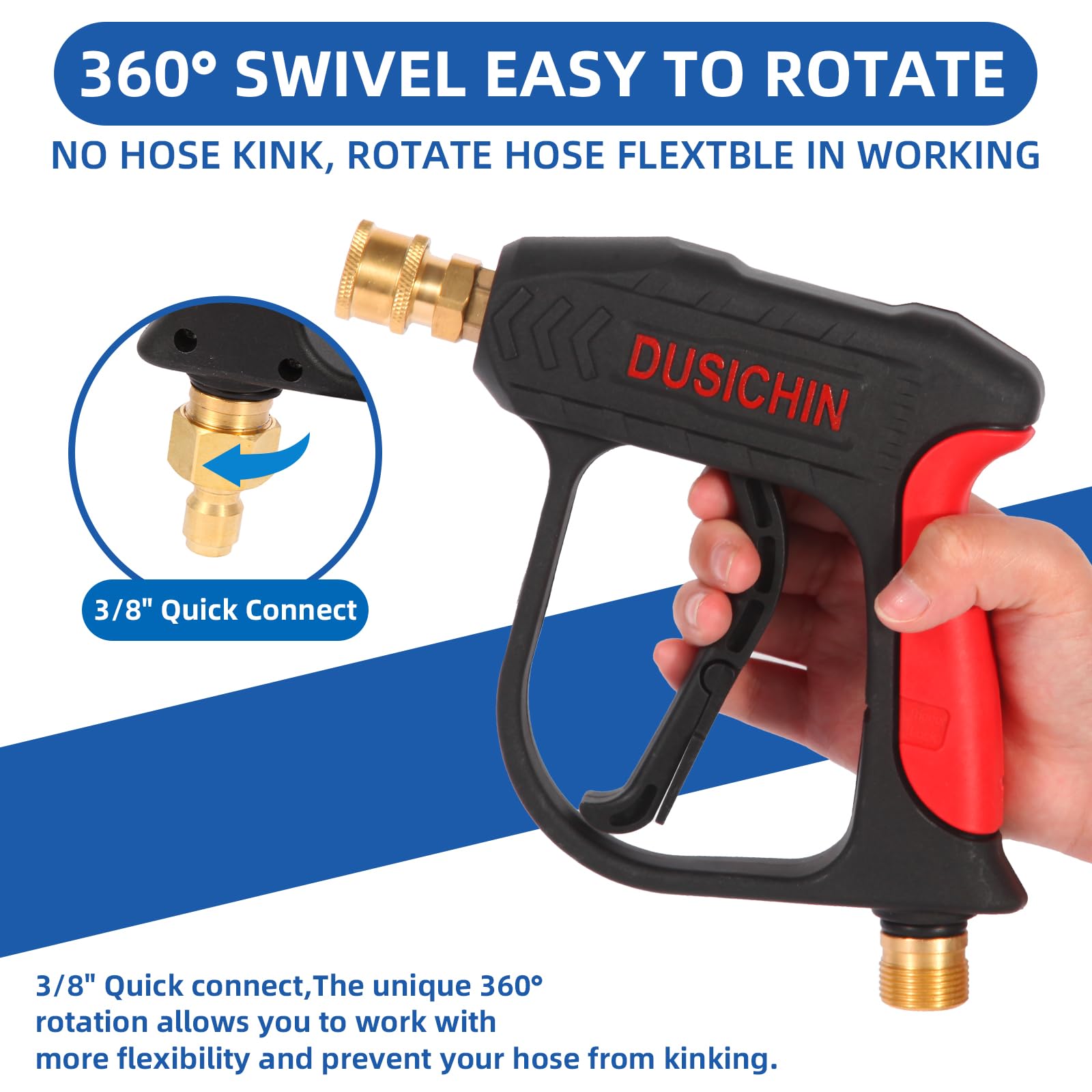 DUSICHIN DUS-220 High Pressure Washer Gun - 3000 PSI Short Wand with 5 Nozzle Tips for Car Washing, Deck Cleaning & Home Exterior Maintenance - Black Power Washer Handle