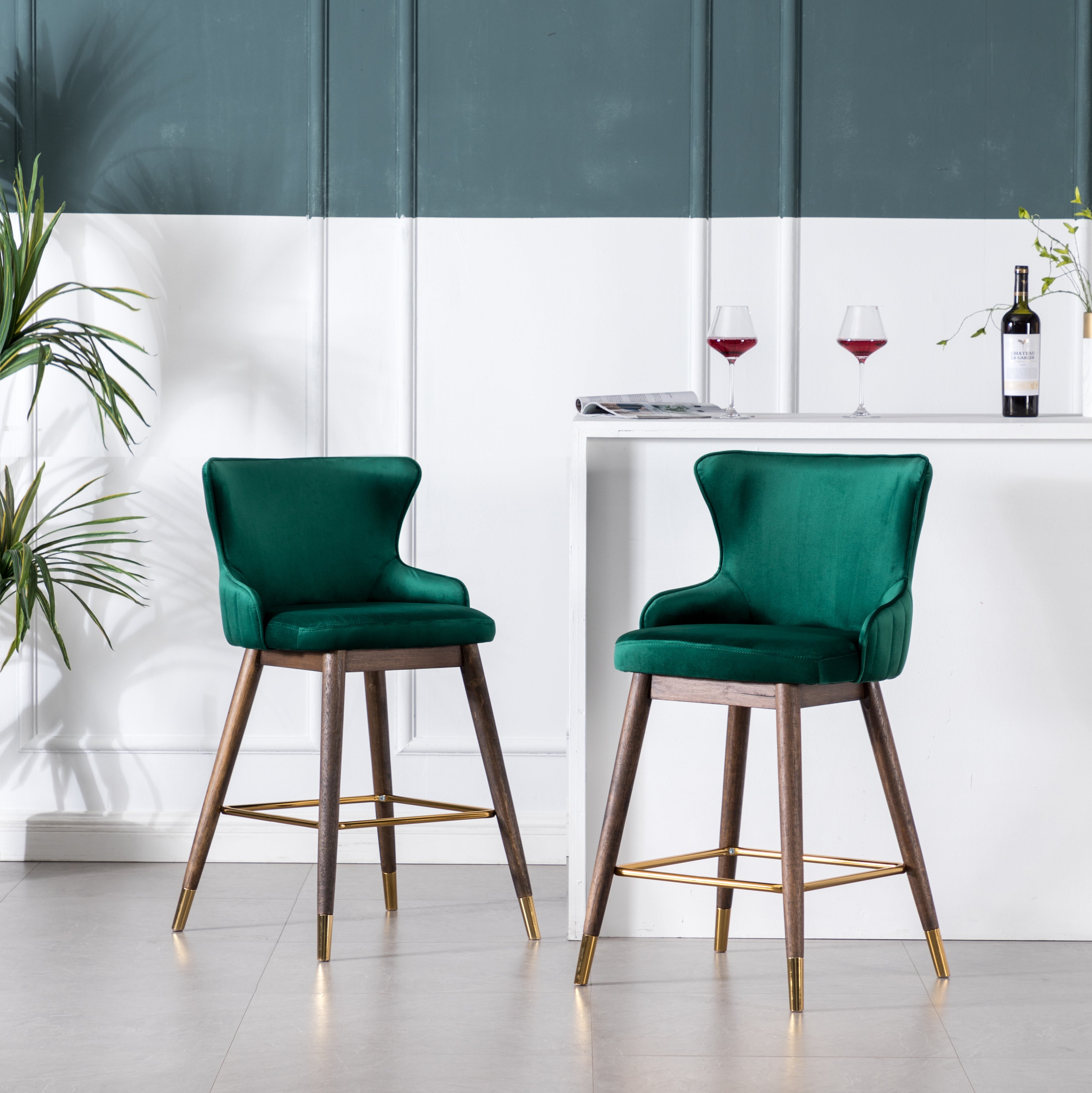 Roundhill Furniture Leland Fabric Upholstered Counter Height Wingback Bar Stools, Green, Set of 2 - Perfect for Kitchen Islands, Breakfast Nooks & Home Bars