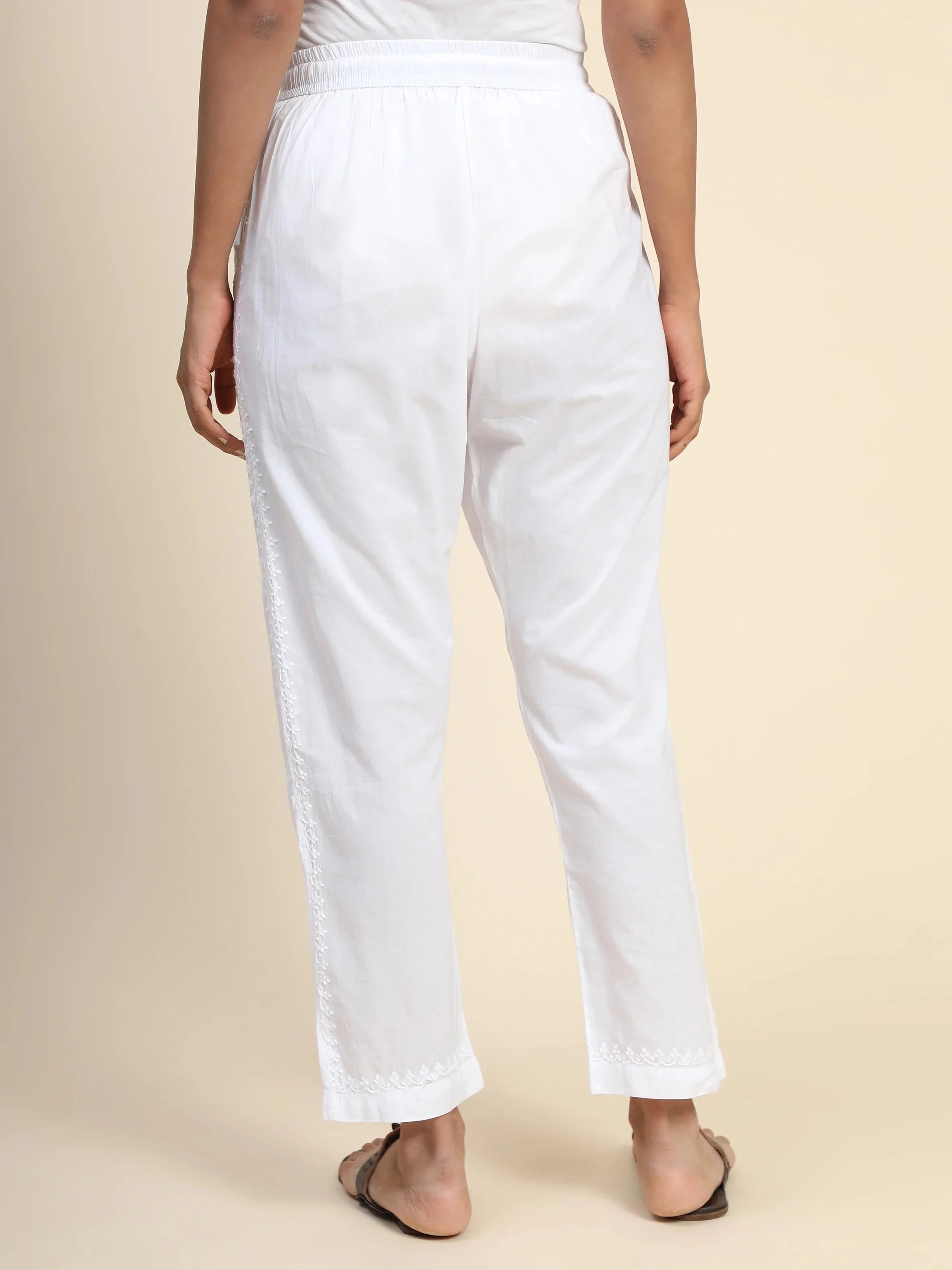 House of Kari Chikankari Embroidered Cotton White Relaxed Pants for Women - Comfortable Loungewear & Casual Wear for Summer, Yoga, and Travel