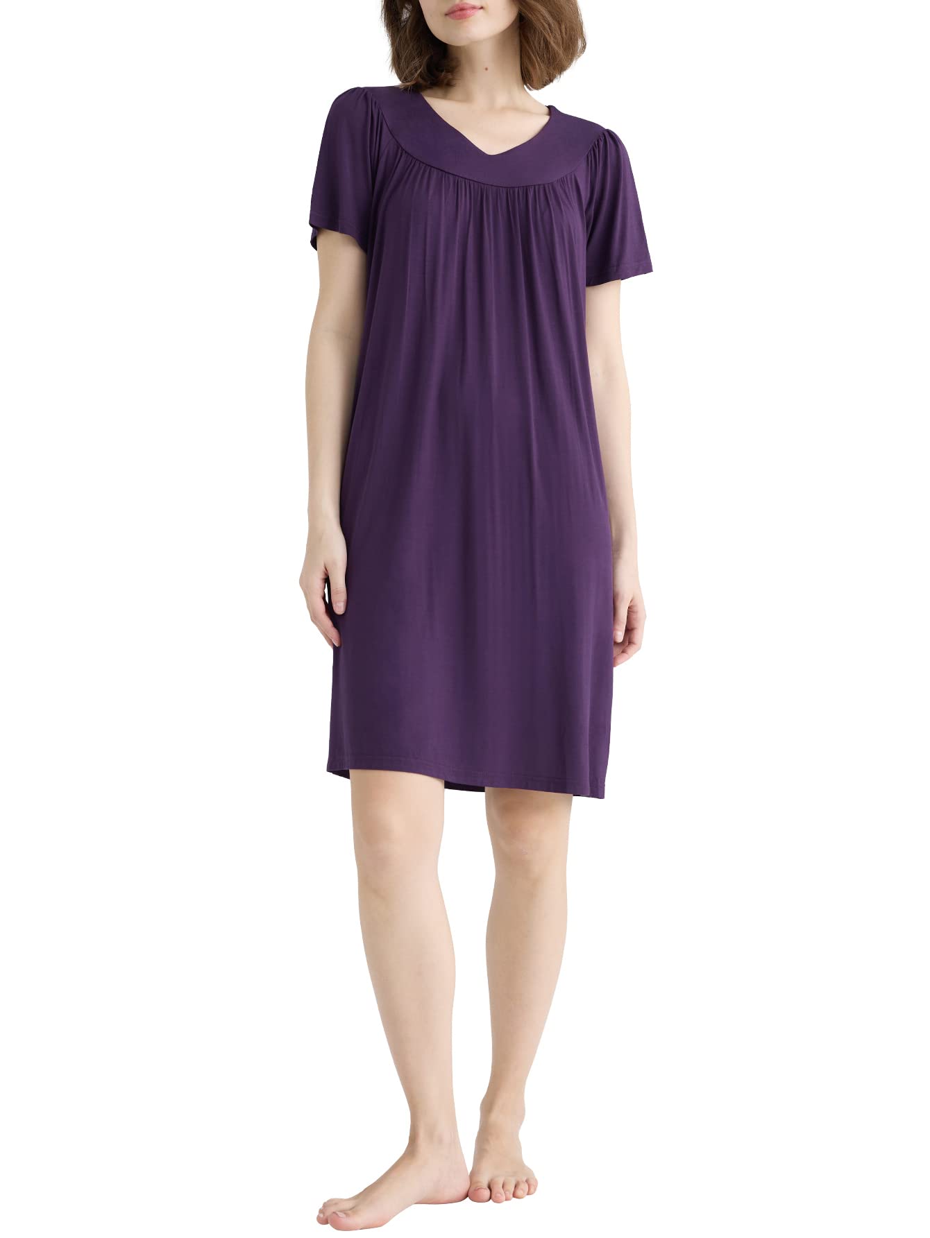 Women's V-Neck Short Sleeve Knee-Length Nightgown with Pockets - Comfortable Sleepwear for Summer & Lounge Wear at Home