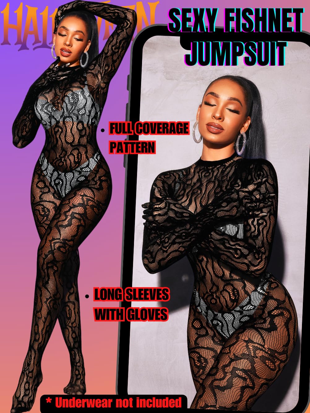 Sexy Women's Fishnet Full Bodysuit - Mesh Lace Jumpsuit for Glow Party, Rave Outfits & Halloween Costume | Body Stockings for Nightclub, Cosplay & Festivals