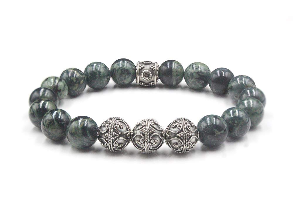 Natural Dark Green Nephrite Jade & Sterling Silver Men's Bracelet - 10mm Round Gemstone Beads for Spiritual Healing, Meditation & Fashion Accessories
