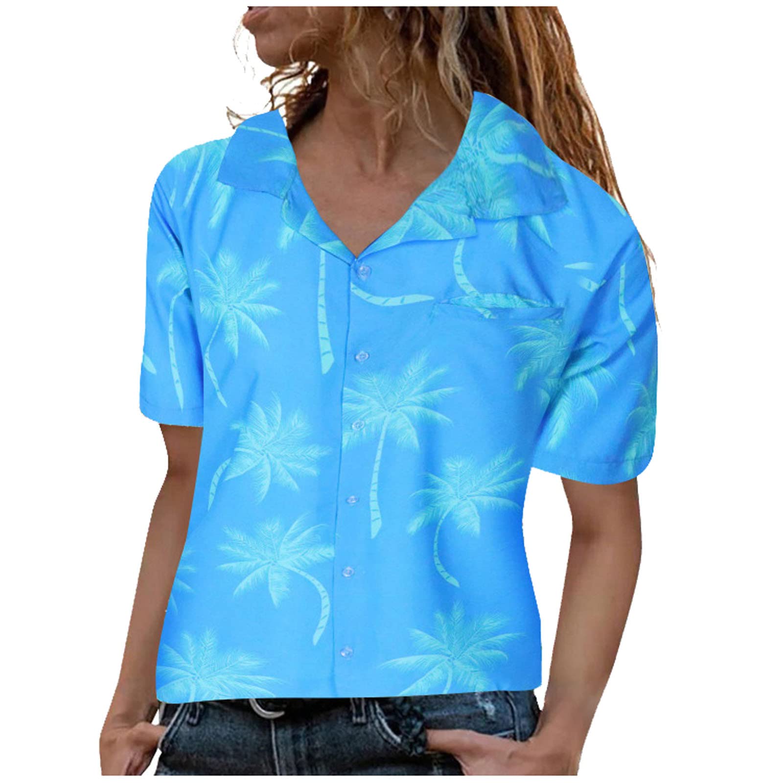 Hawaiian Button Down Lapel Short Sleeve Casual T-Shirt for Women - Floral Summer Blouse, Breathable & Comfortable Vacation Shirt - Perfect for Beach, Pool Party & Tropical Getaways