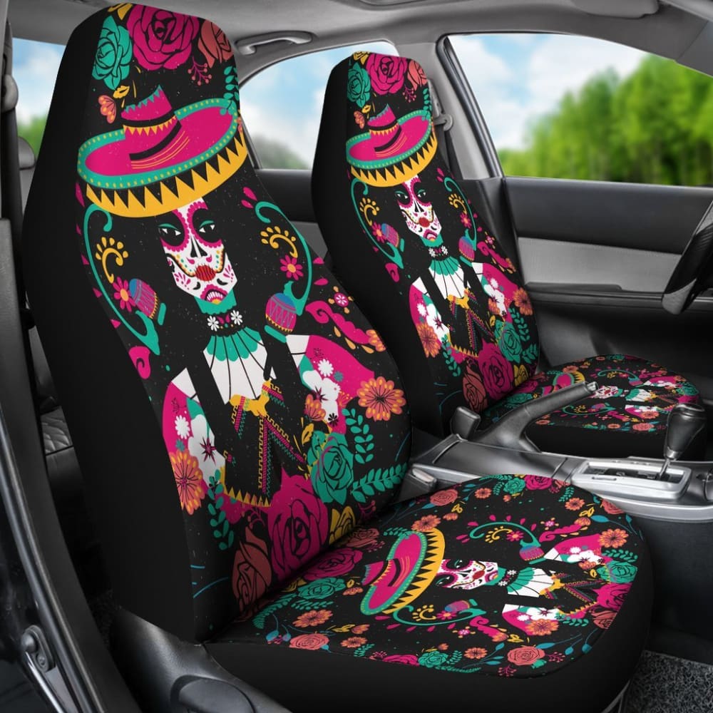 2 Pcs Sugar Skull Car Seat Covers - Premium Universal Fit for Cars, Trucks & SUVs - Day of the Dead Design - Protect Your Seats in Style - Perfect for Halloween, Dia de los Muertos & Mexican Themed Decor