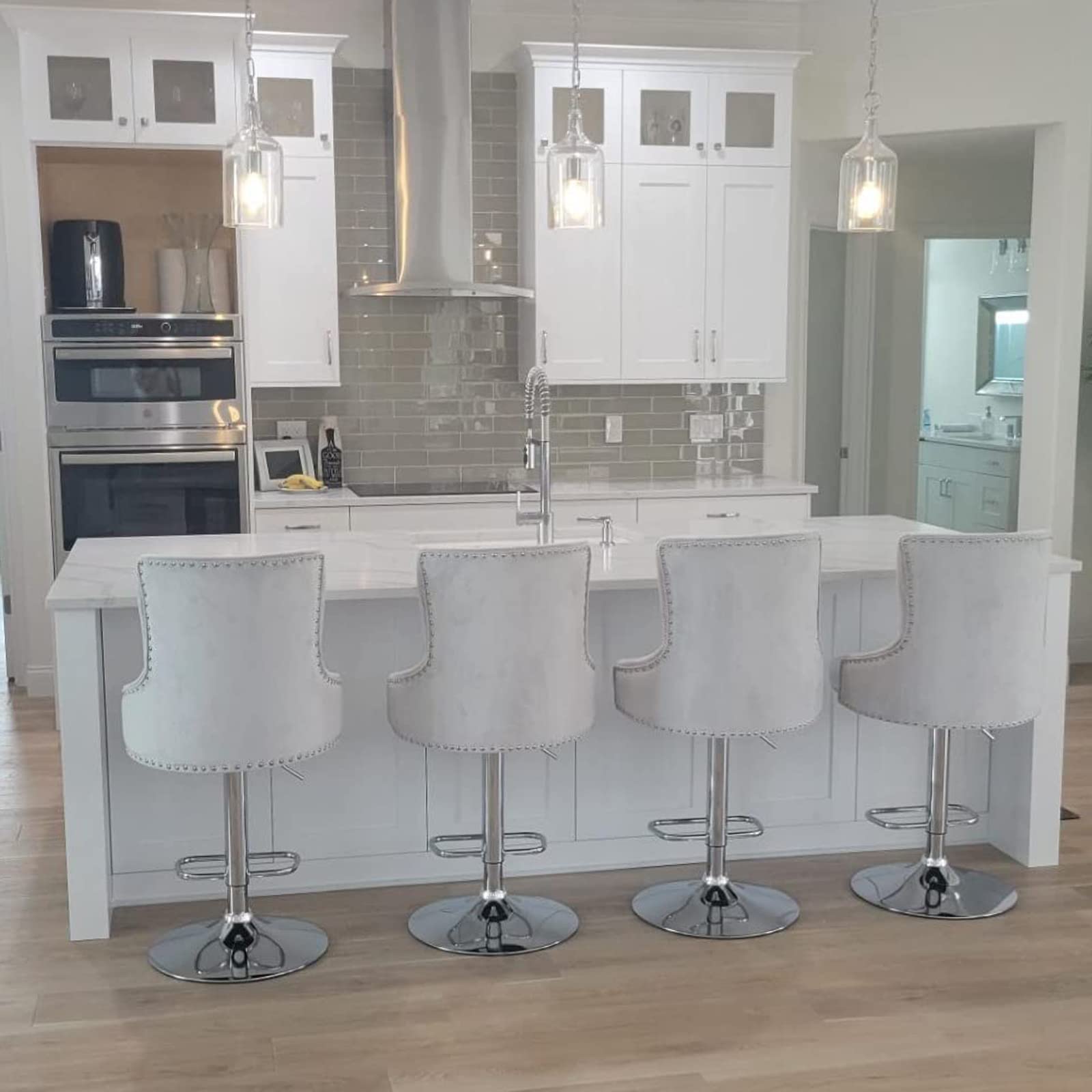Premium Velvet Swivel Bar Stools Set of 2 - Adjustable Height Silver Grey Counter Stools with Back Support | Perfect for Kitchen Island, Breakfast Bar & Home Decor