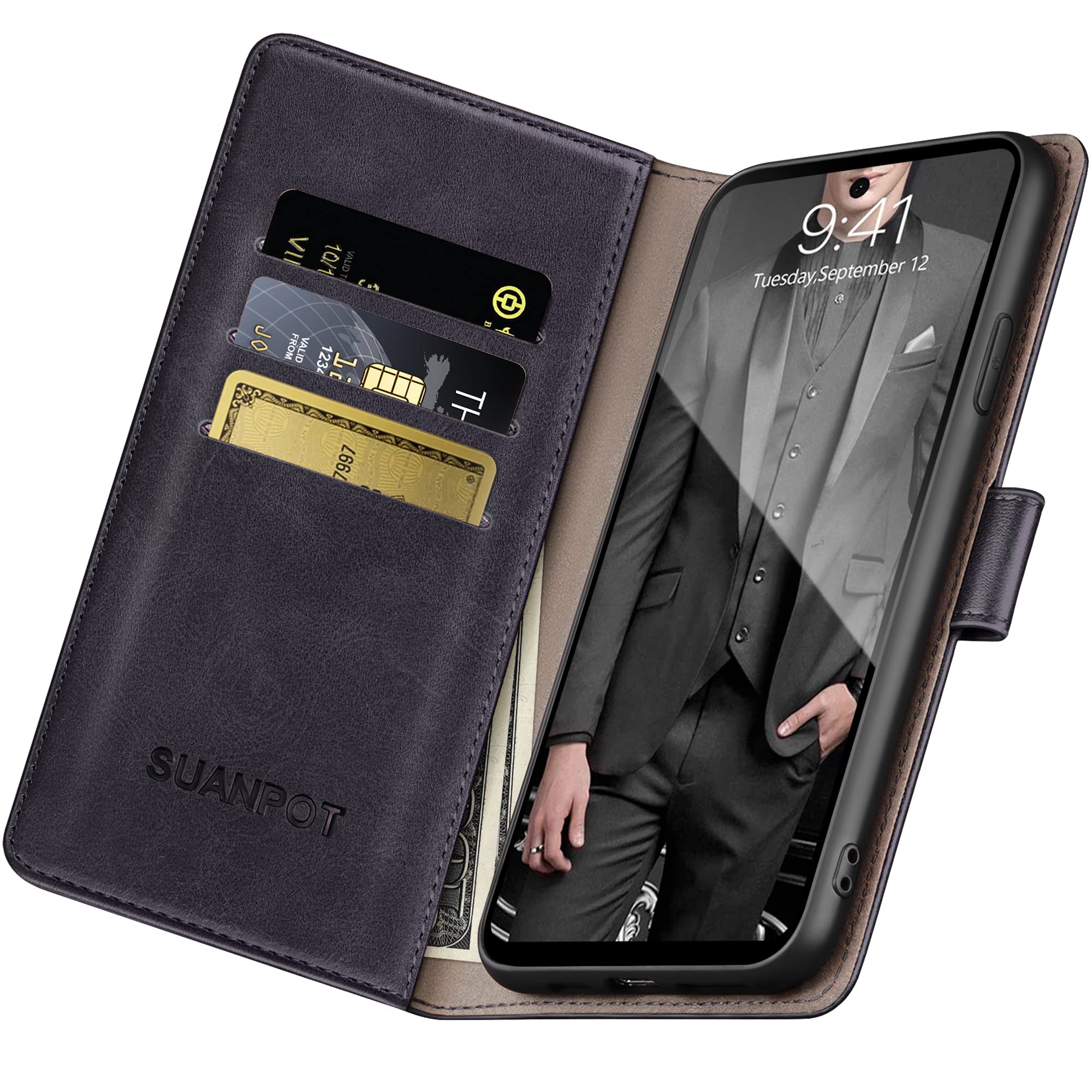 SUANPOT Genuine Leather Wallet Case for Samsung Galaxy A53 5G - RFID Blocking Credit Card Holder, Flip Folio Book Style, Shockproof Protective Cover for Men & Women | Perfect for Work, Travel & Everyday Use (Black)