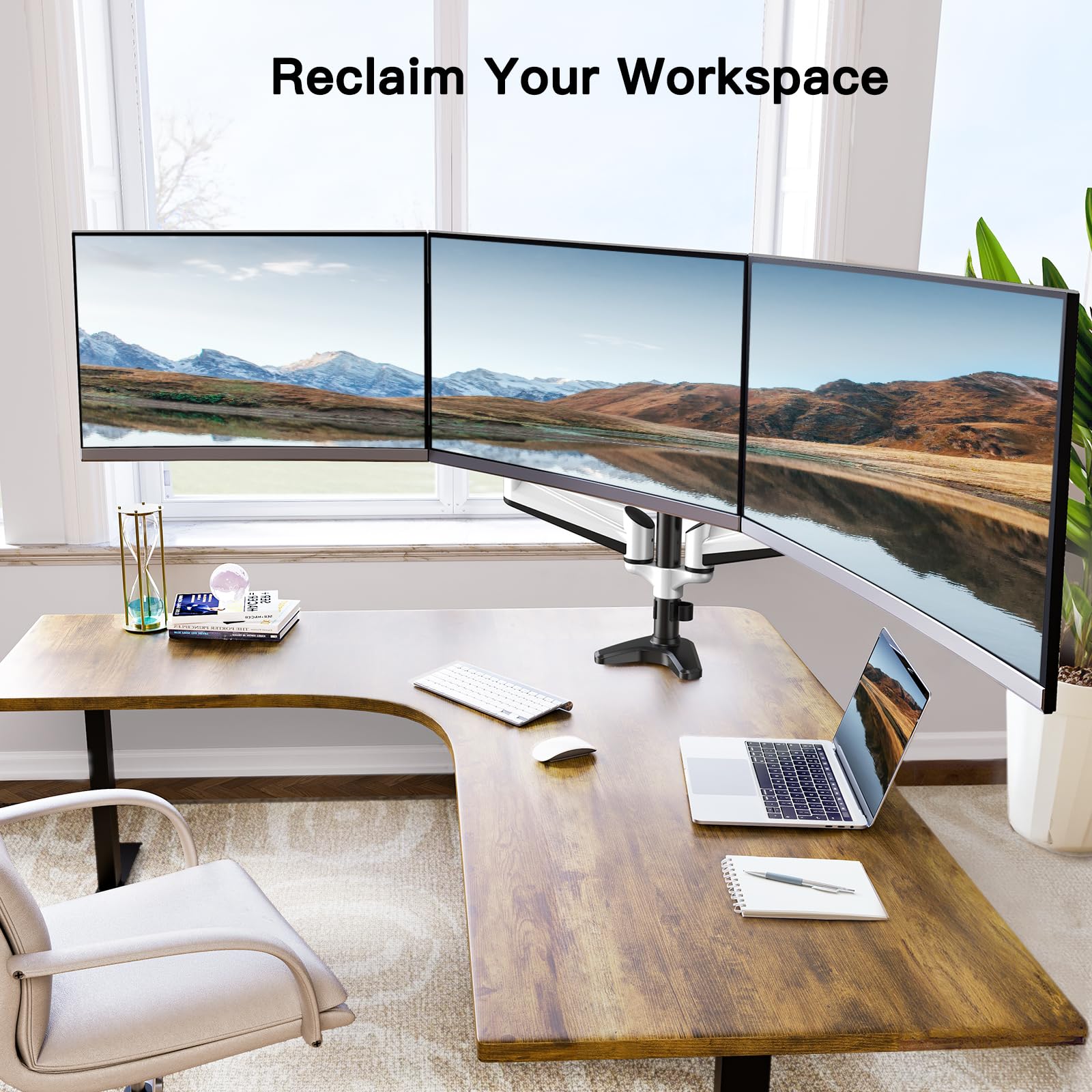 HUANUO Triple Monitor Stand - Adjustable Full Motion Gas Spring Mount for 3 Monitors 17-32 inches, Heavy Duty Clamp & Grommet Kit - Perfect for Gaming, Office Work & Multi-Tasking Setup