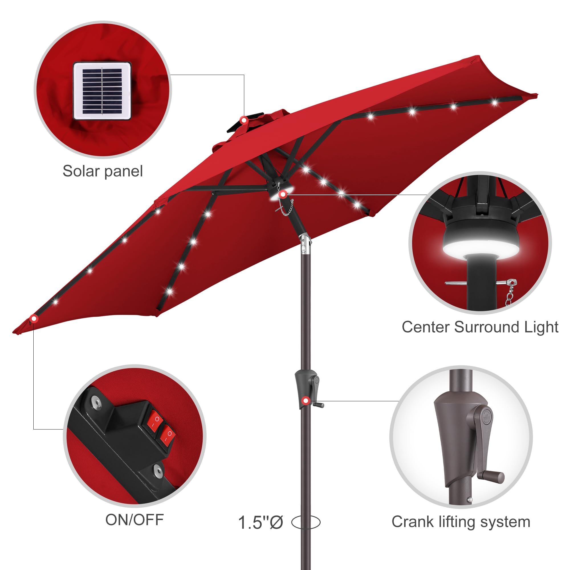 7.5ft Solar Powered LED Patio Umbrella with Tilt & Crank - Waterproof UV Protection Outdoor Umbrella for Pool, Garden, Deck - 24 LED Lights for Nighttime Use (Red) | Perfect for Backyard Dining, Porch Relaxation & Outdoor Entertaining
