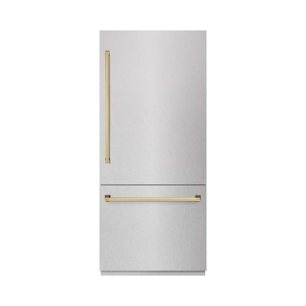 ZLINE Autograph Edition 36 Inch Built-In Bottom Freezer Refrigerator - 19.8 cu. ft. Capacity, Water Dispenser & Ice Maker, Satin Stainless Steel Exterior with Graphite Gray Interior & Polished Gold Accents (GRBITZ SN 36 G) - Perfect for Modern Kitchens, Open-Concept Homes & Luxury Appliances Collection