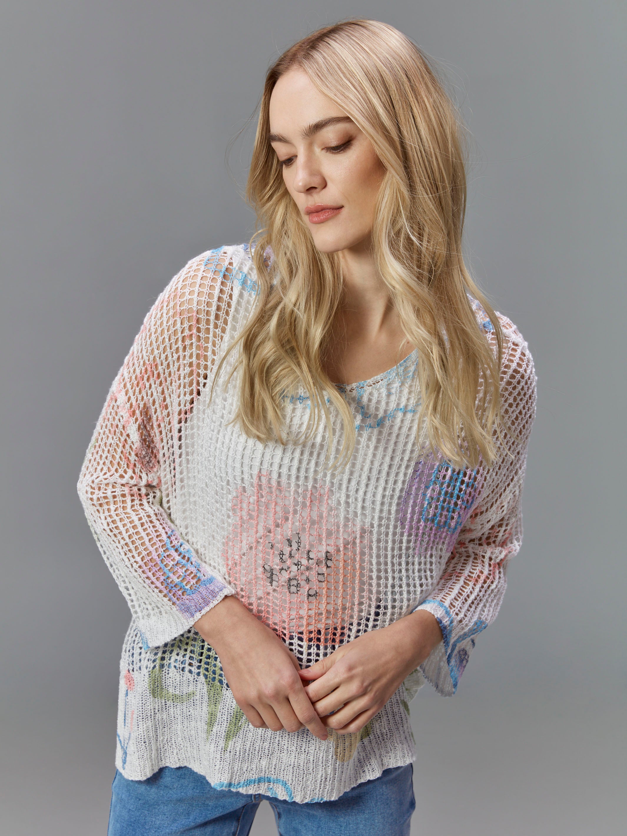 Watercolor Printed Fishnet Crochet Sweater - Trendy Boho Chic Knit Top for Women | Perfect for Music Festivals, Beach Vacations & Casual Outings