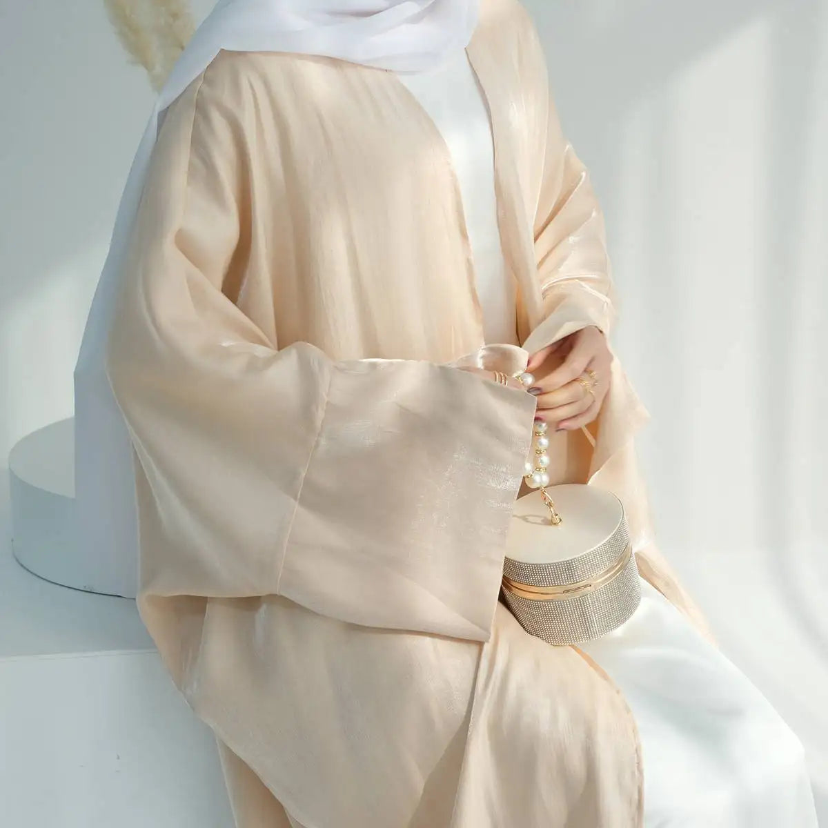 Gleam Shiny Cardigan Open Abaya Dress for Women - Elegant Long Sleeve Kimono Cover Up - Perfect for Prayer, Mosque, Parties & Special Occasions