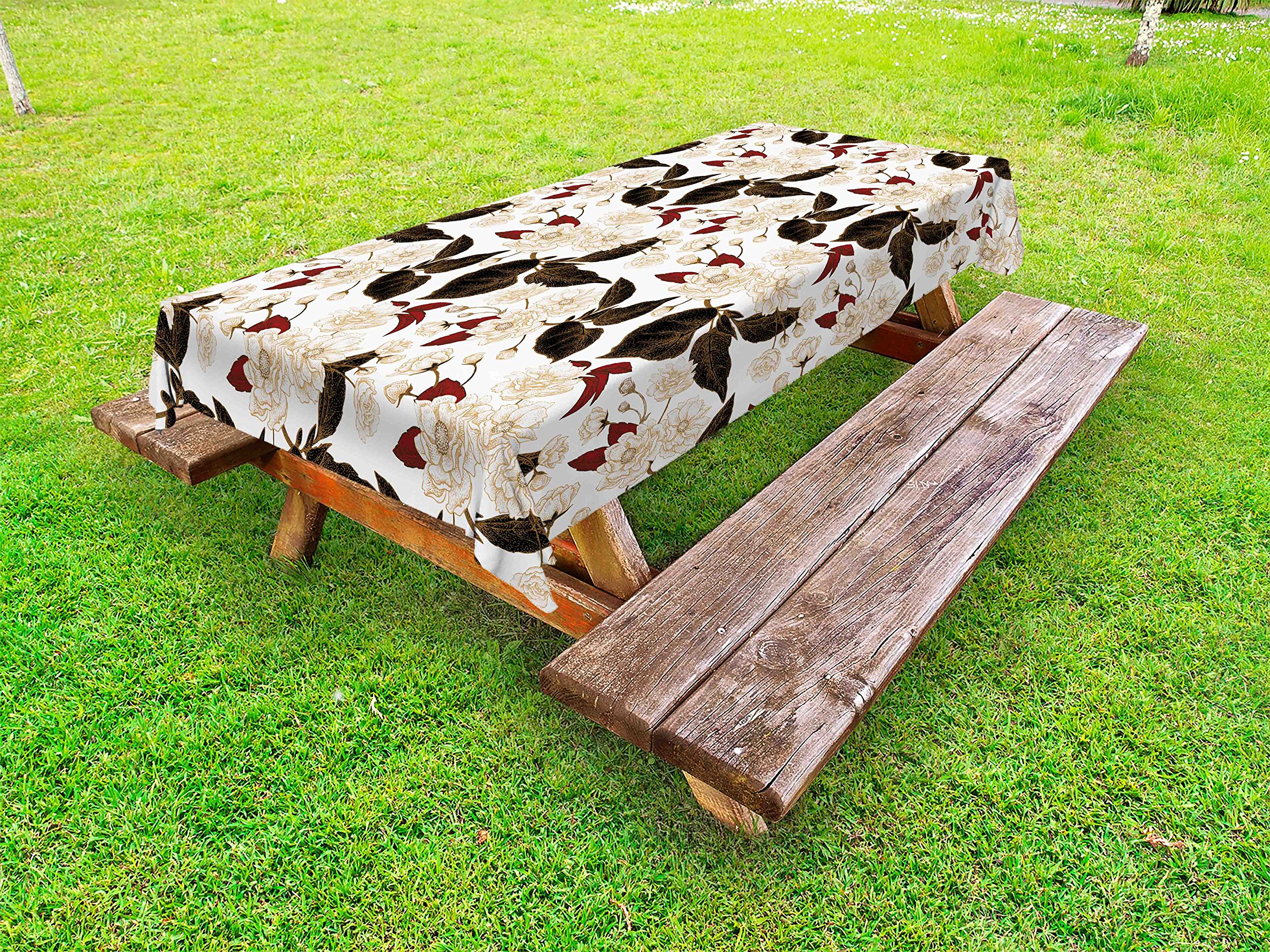 Ambesonne Floral Outdoor Tablecloth - Chinese Plum Flowers Bohemian Pattern, Washable Picnic Table Cover 58x120 Inches, Beige Burgundy Dark Brown - Perfect for Garden Parties, BBQs, and Outdoor Dining