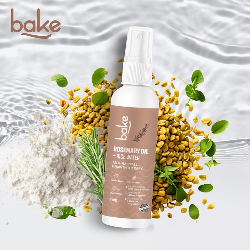 BAKE Rosemary Oil Hair Growth Serum Spray with Rice Water & Fenugreek Seed | Stops Hair Fall, Promotes Regrowth & Repairs Keratin Treated Hair | Strengthens Hair Follicles for Women & Men | 100ml | Perfect for Daily Hair Care & Scalp Treatment at Home