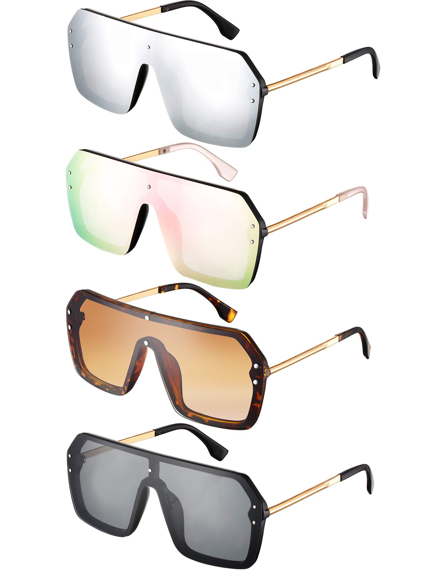 Weewooday 4 Pairs Siamese Sunglasses - Mirror Flat Top Oversized Classic Rimless UV Protection Sunglasses for Women & Men (Gold/Black Frame) - Perfect for Beach, Driving & Outdoor Fashion