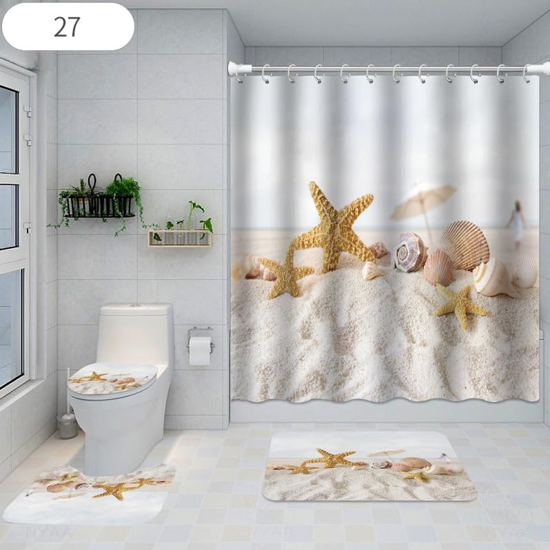 4PCS Non-Slip Yellow Starfish Seashell Shower Curtain Set with Bath Mat Rug - Coastal Ocean Beach Theme Bathroom Decor for Kids & Adults - Includes Pedestal Mat, Toilet Cover & 12 Hooks - Perfect for Beach House, Vacation Rental or Nautical Style Bathroom