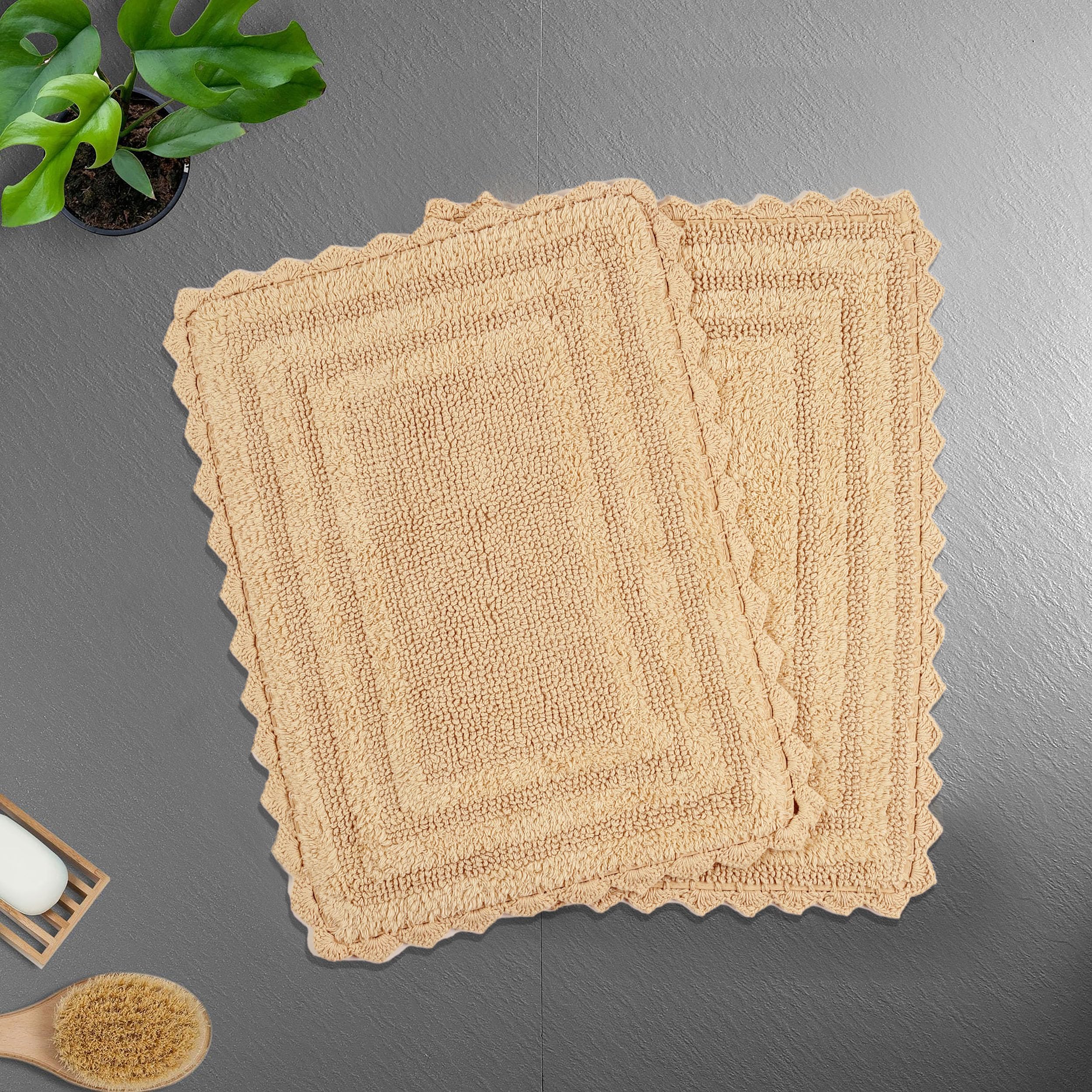 TreeWool 2-Pack Soft Cotton Bath Mat with Crochet Border - Reversible Non-Slip Bathroom Rug, 19