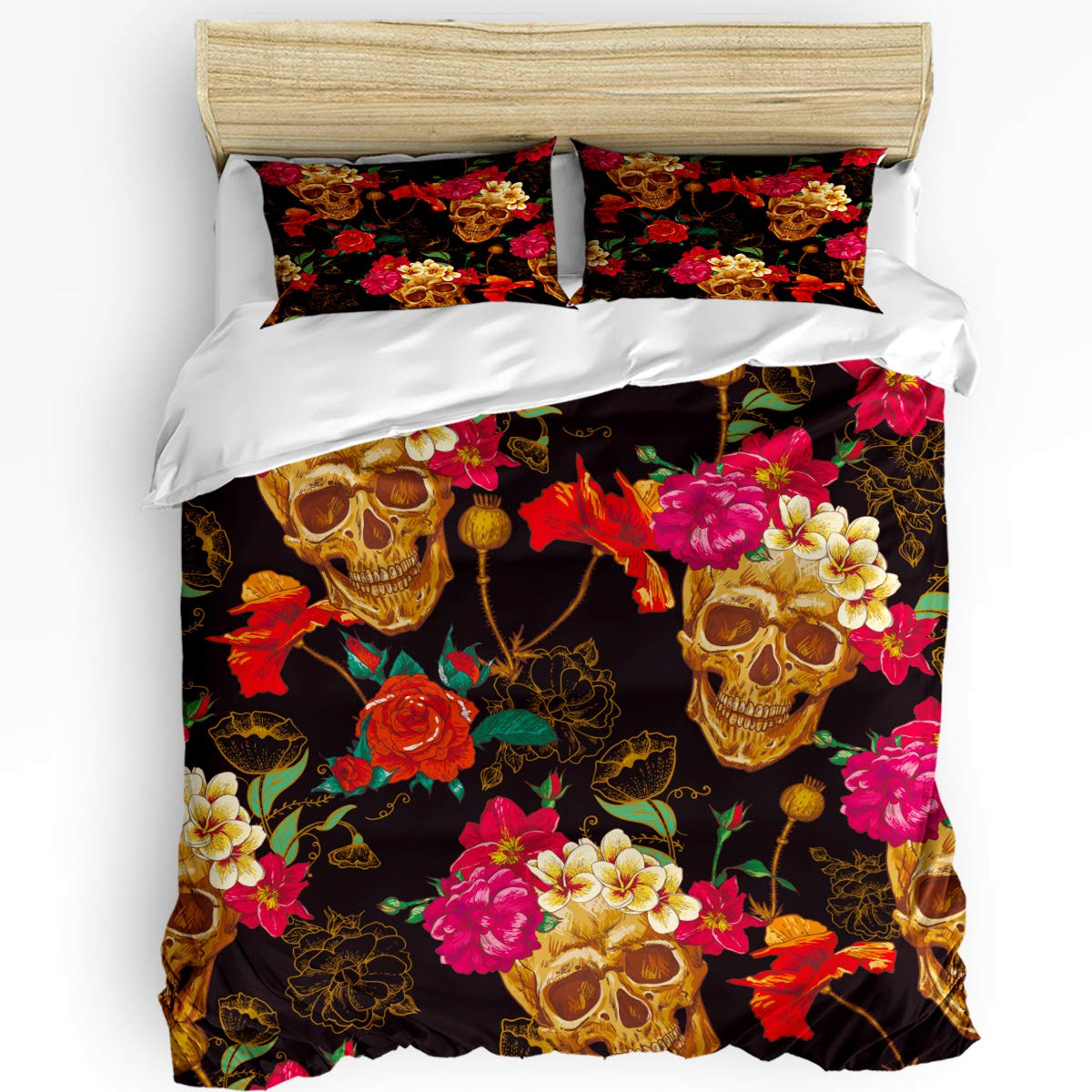 **Halloween Bedding Set - Floral Skull Duvet Cover with Zipper Closure, 3-Piece (1 Duvet Cover + 2 Pillowcases) - California King Size - Spooky & Stylish Home Decor for Halloween Parties & Themed Bedrooms**