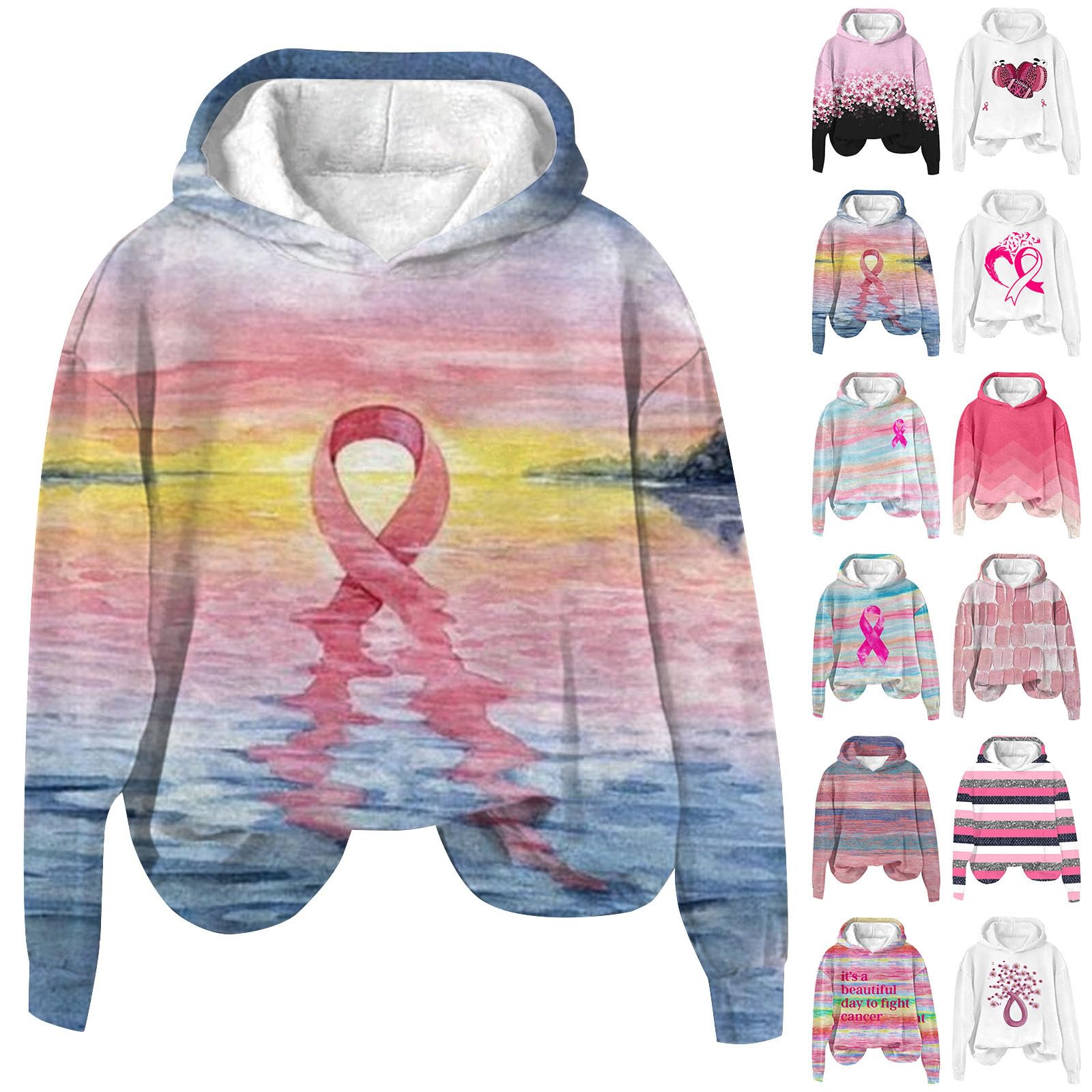 Women's Long Sleeve Breast Cancer Awareness Hoodie with Pink Ribbon Design - Comfortable Supportive Sweatshirt for Survivors, Fundraisers & Awareness Events
