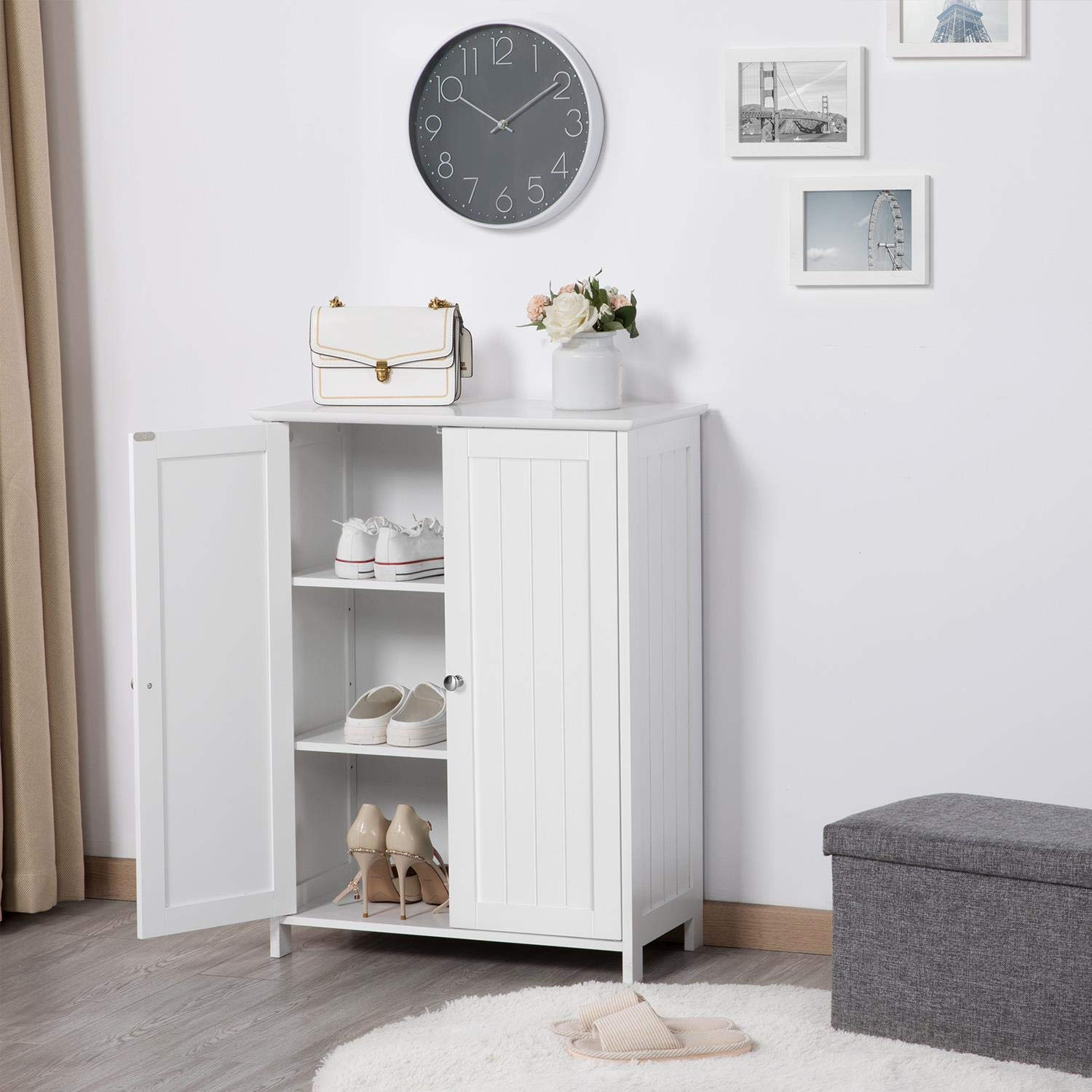 Topeakmart White Bathroom Floor Cabinet with Double Doors - Free Standing Storage Cabinet with Adjustable Shelves & Anti-Tipping Design | Perfect for Bathroom Organization, Small Space Storage & Home Decor