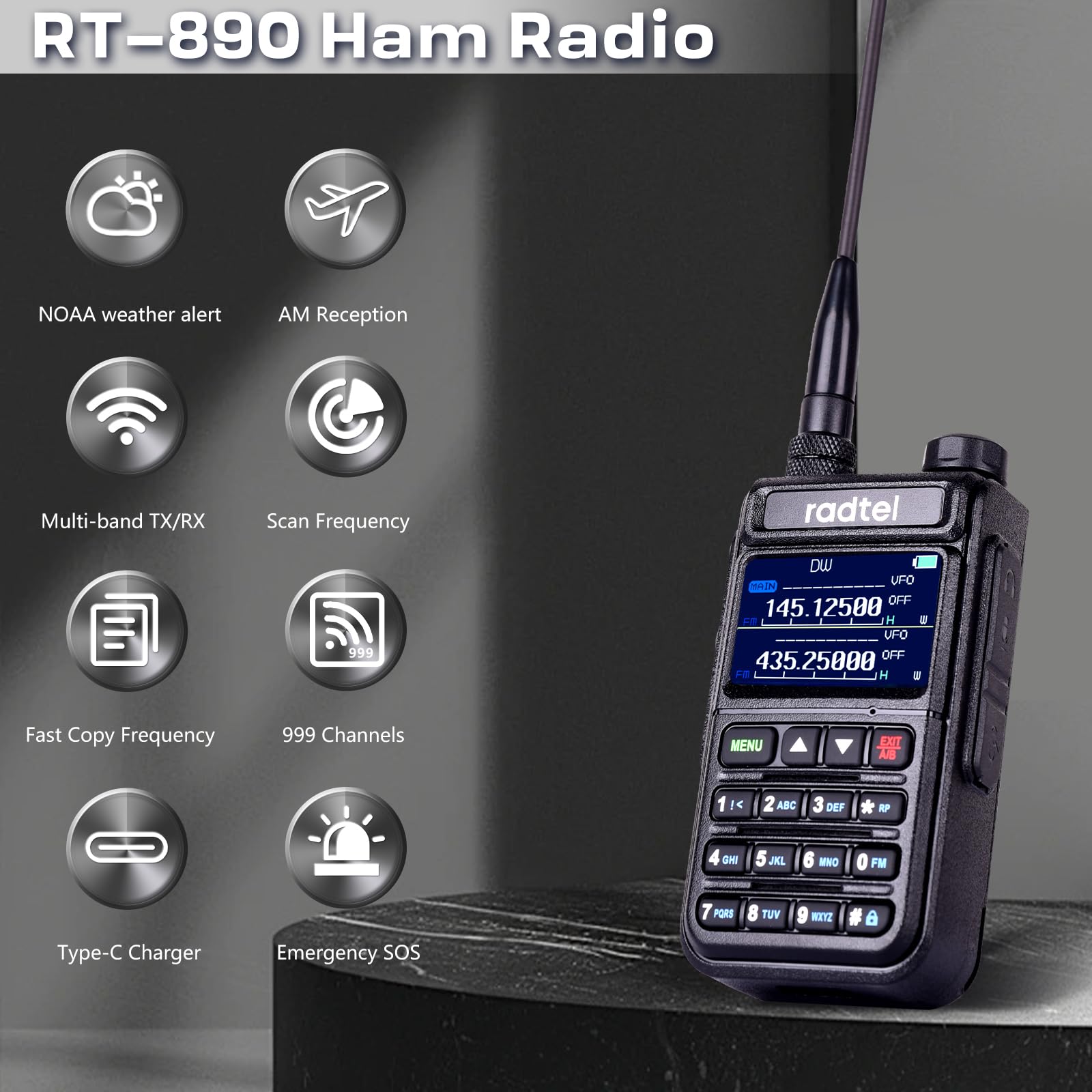 Radtel RT-890 999 Channels Dual Band HAM Radio (144-146MHz & 430-440MHz) with Color LCD, Air Band Reception, Channel Name, FM Radio & VOX - Perfect for Outdoor Adventures, Emergency Communication, and HAM Radio Enthusiasts