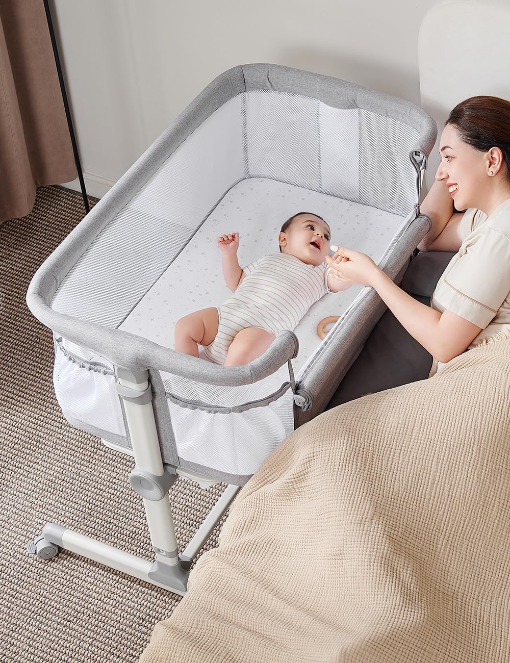 Besrey Baby Bassinet Bedside Sleeper - Extra Wide Adjustable Crib with Wheels & 360° Swivel Lock | 9 Height Positions for Newborns | Includes Mattress | Perfect for Nursery, Bedroom & Late-Night Feedings