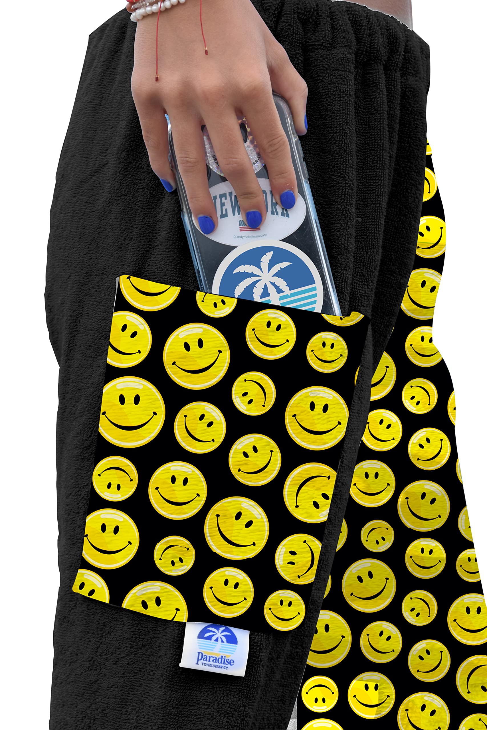 Smiley Face Cotton Terry Towel Pants for Swimmers - Soft Beach Cover Up & Swimwear - Quick Dry Bath Wrap for Pool, Gym & Spa Days