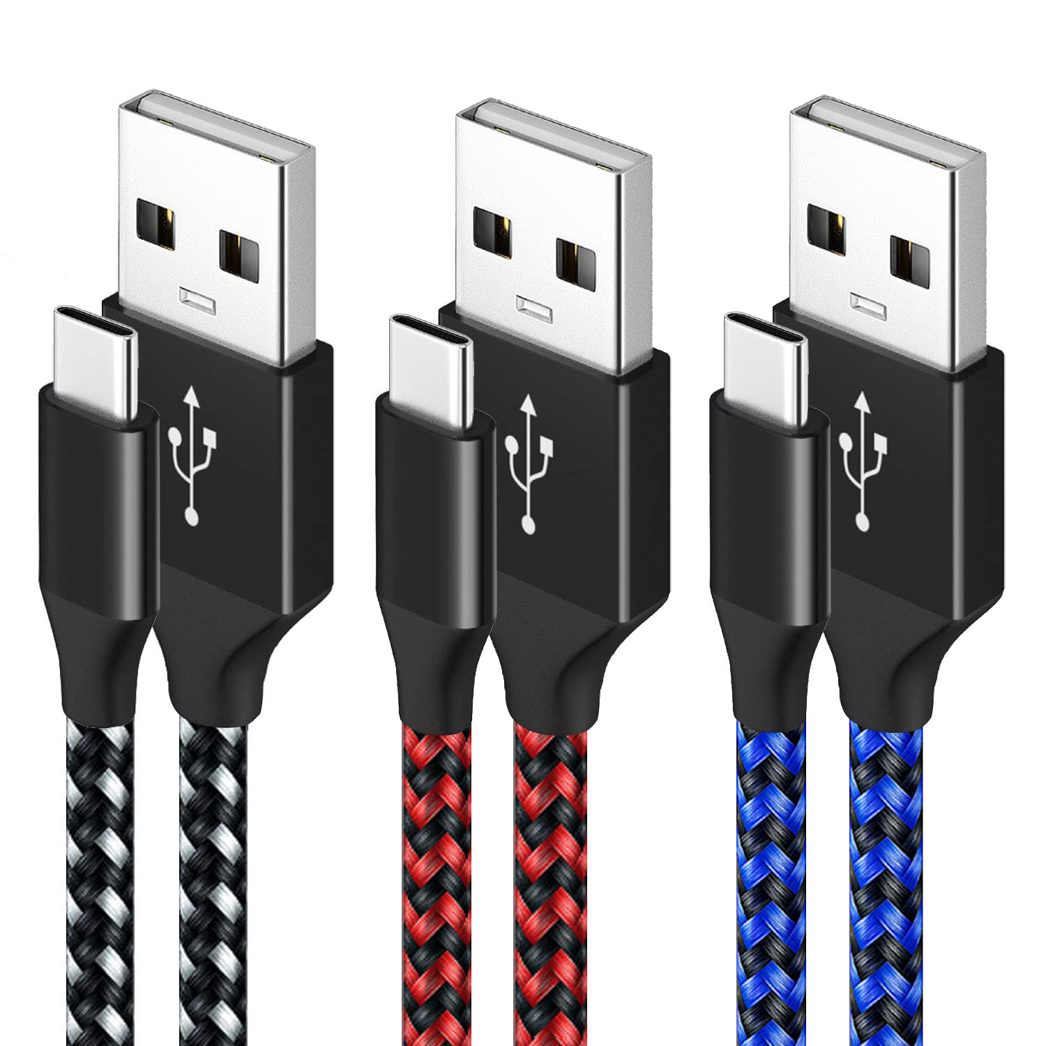 3-Pack 10FT Nylon Braided USB-C Charger Cable - Fast Charging Cord for Samsung Galaxy S10/S9/S8/S20 Plus/A51/A12/A11, Note 10/9/8, PS5 Controller, Xbox Series X/S Controller - Durable & Tangle-Free (White, Red, Blue) | Perfect for Gaming, Travel & Home Charging