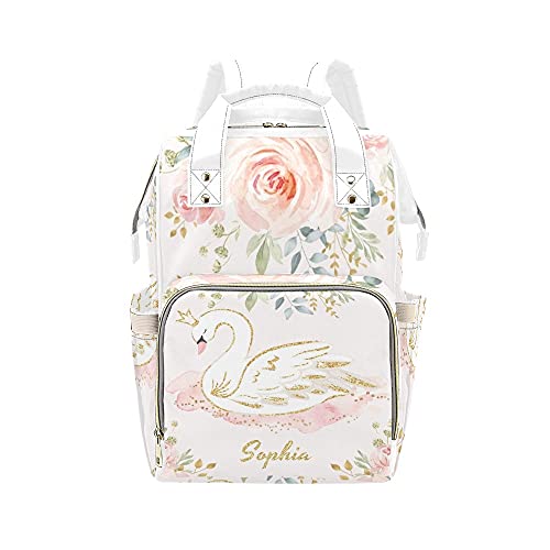 Custom Personalized Floral Swan Diaper Bag - Maternity Backpack, Tote & Shoulder Nappy Bag for Nursing Moms | Baby Shower Gift | Perfect for Hospital Visits, Daycare & Travel